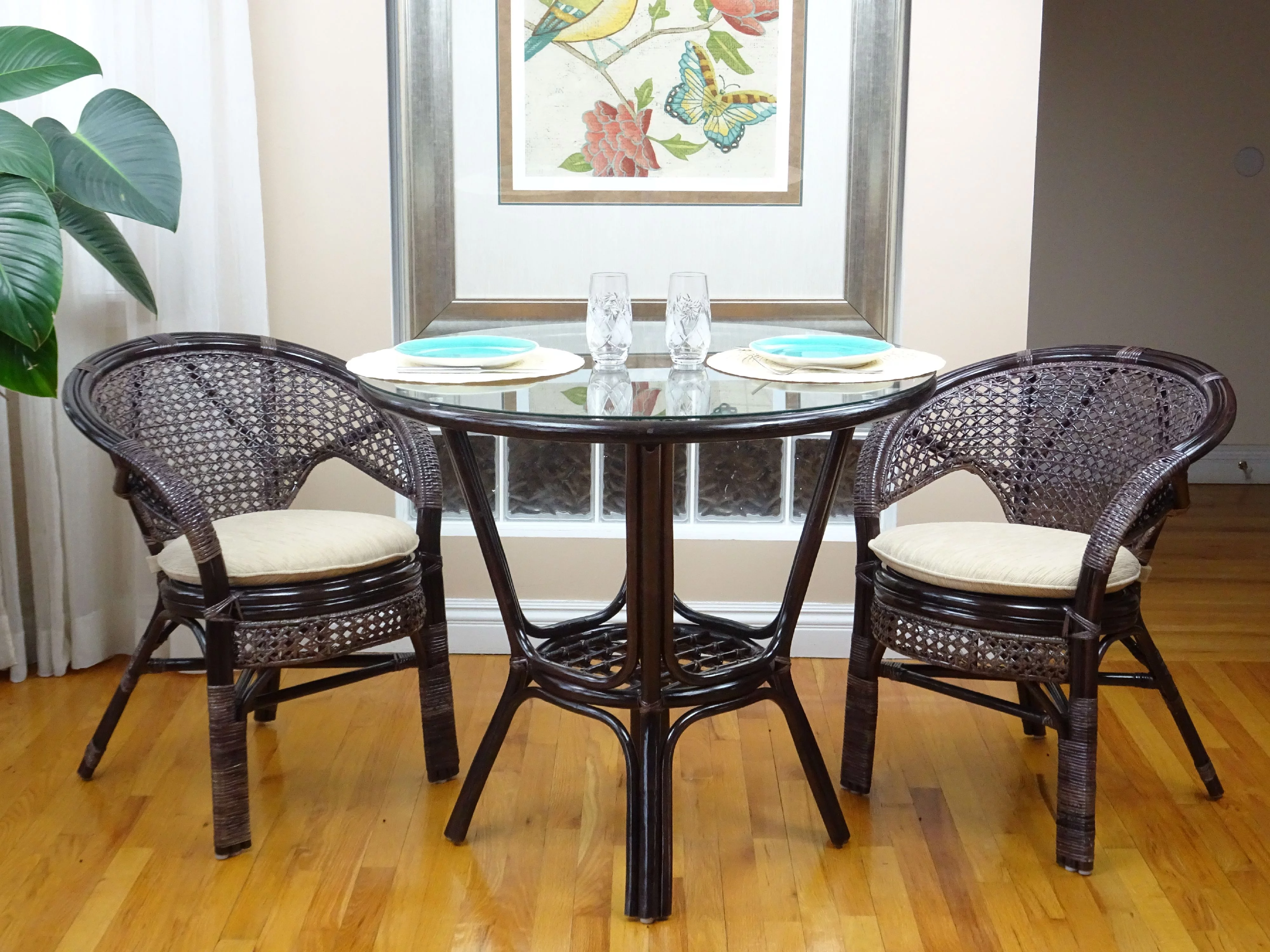 Set of 4 Pelangi Natural Rattan Wicker Dining Armchairs Handmade Design, Dark Brown