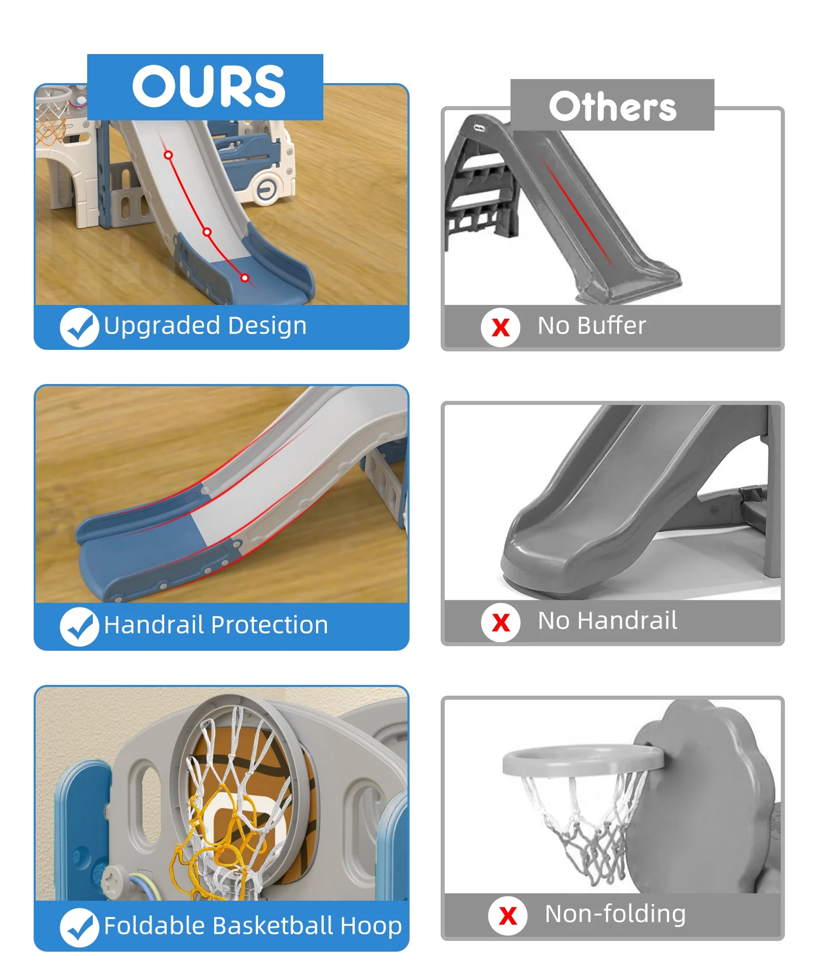 XJD 10-in-1 Toddler Slide, Kids Slide with Bus Playhouse, Climber, Basketball Hoop, Ring Toss, Tunnel, Telescope and Storage Space,Outdoor Slide for Toddlers Age 1-3, Blue Gray