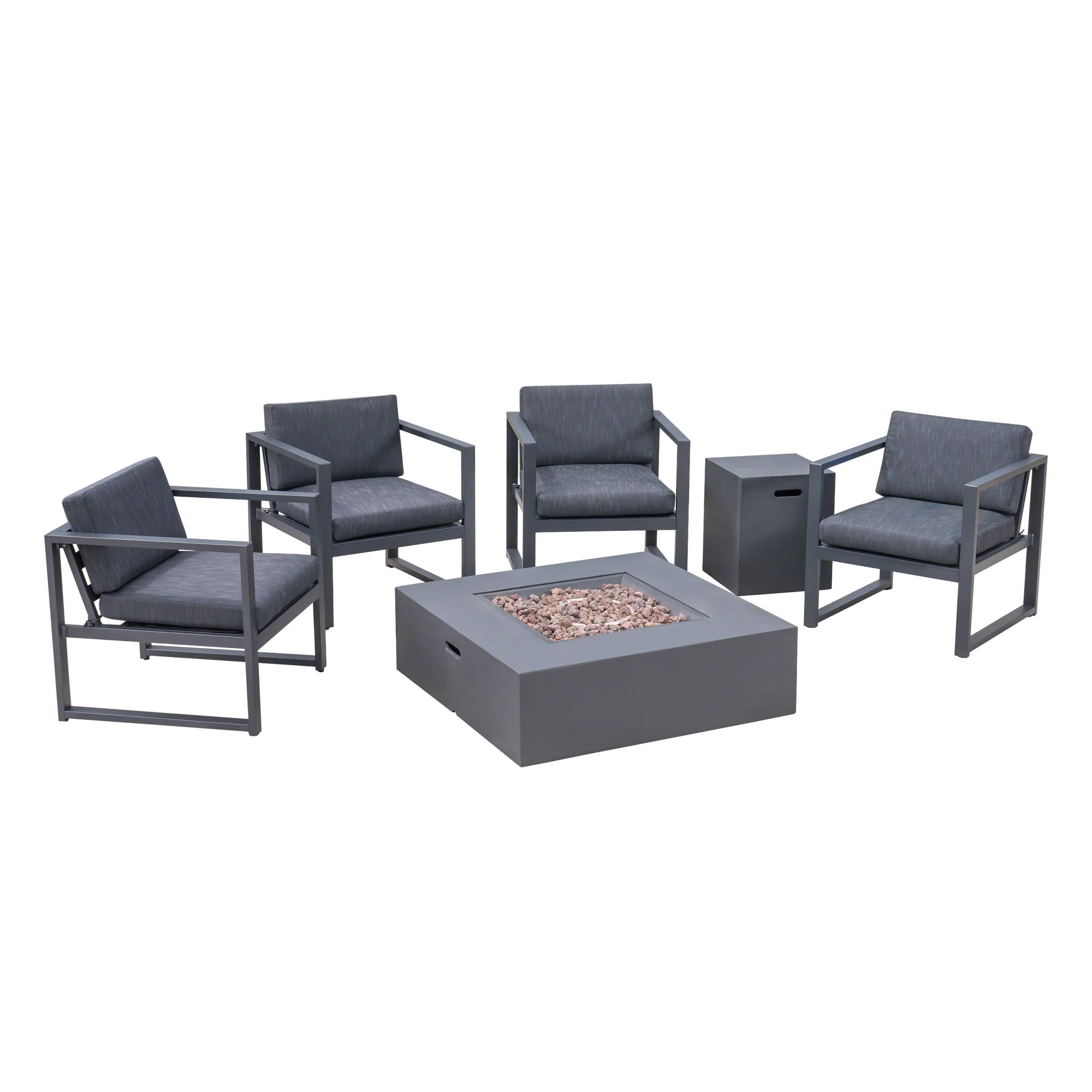 GDF Studio Noah Outdoor Aluminum 5 Piece Club Chair and Fire Pit Set with Cushions, Dark Gray and Black