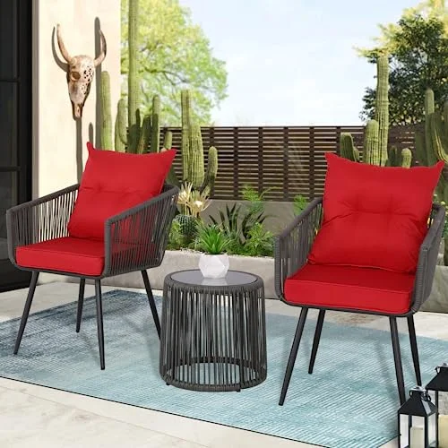 3 Piece Outdoor Bistro Set Patio Set Balcony Furniture Outdoor Furniture Rattan Chair Conversation Sets with Side Table for Porch, Backyard, Balcony (DGRY-Red)