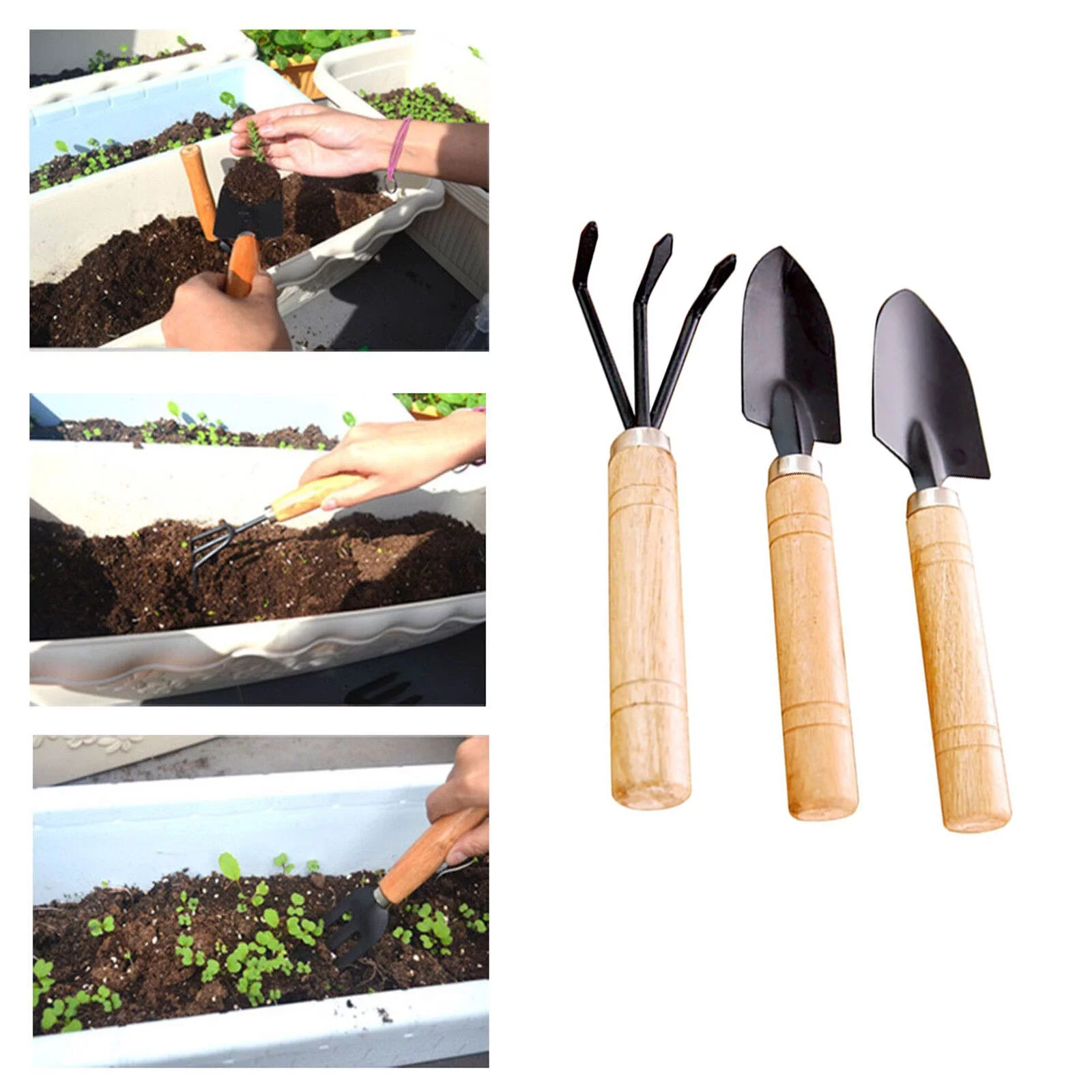 Adjustable Angle Plate 3Pcs Set Shovel Rake Wood Handle Metal Head Kids Tool Mini Garden Tools