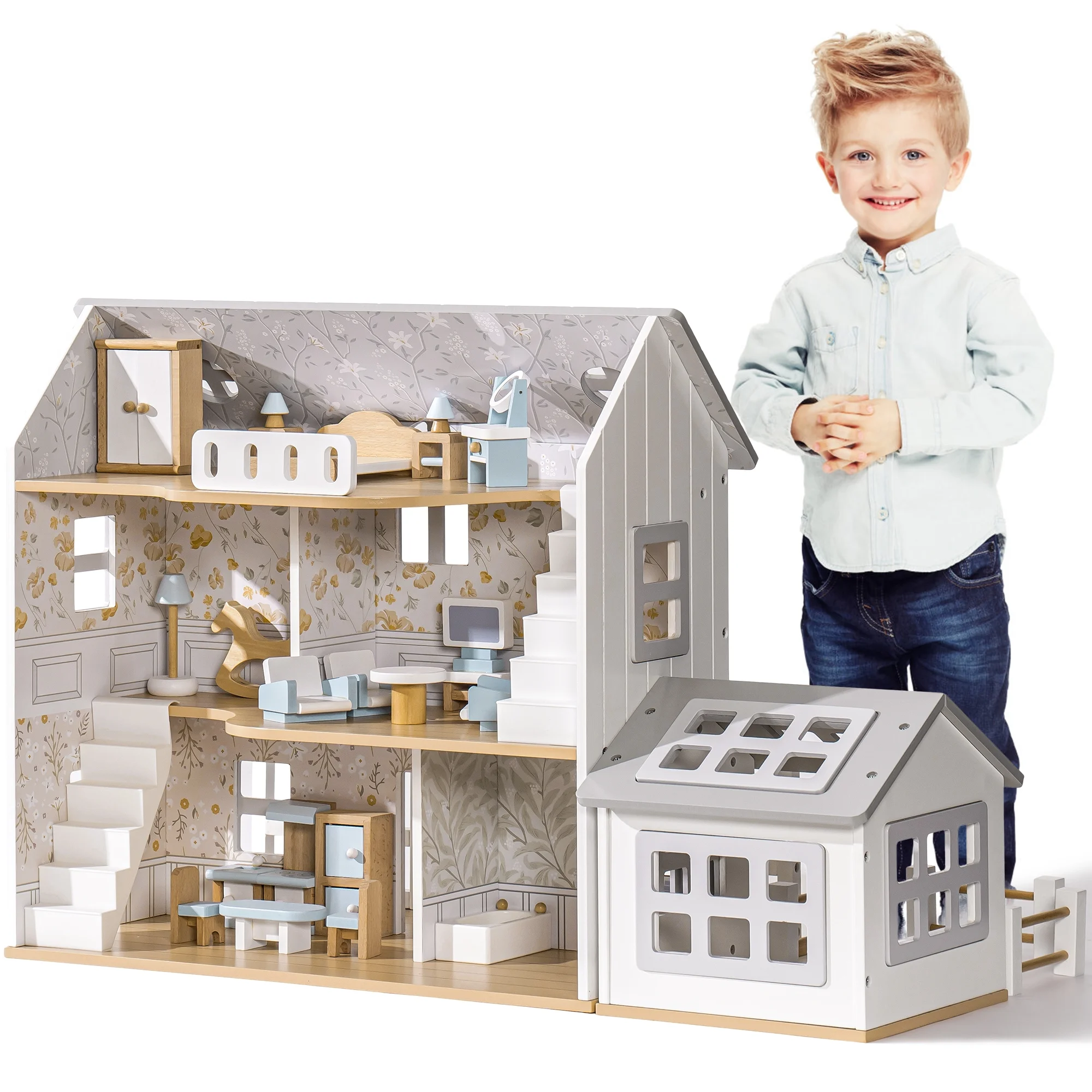 Robud Wooden Dollhouse Set with 25pcs Furniture,6-Room Doll Playhouse,Preschool Toy for Toddlers Kids Age 3+,Gray