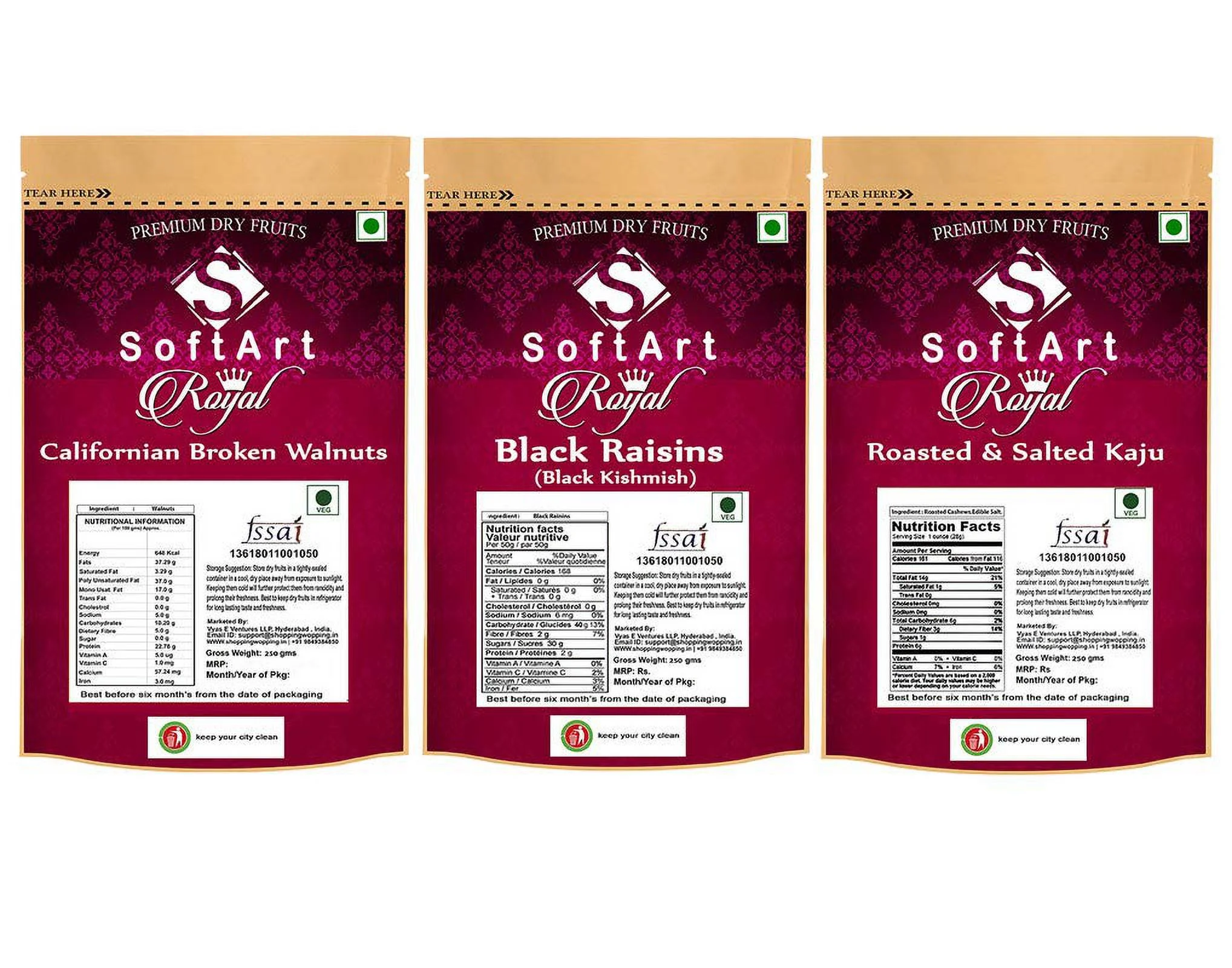 Softart Royal Californian Broken Walnuts, Black Kishmish (Black Raisins) & Roasted & Salted Cashew (250G Each) Vacuum Pack