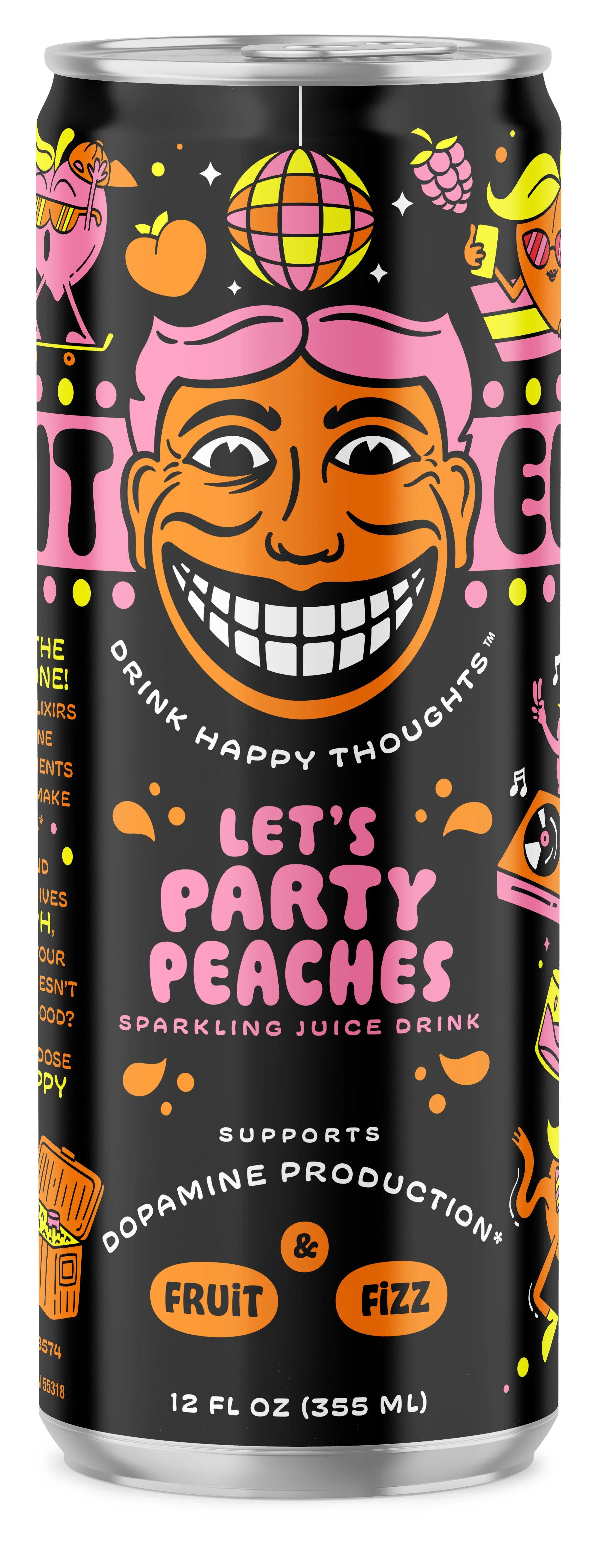 Illicit Elixirs Let's Party Peaches - Sparkling Juice Drink - Supports Dopamine Production - 12 Pack - 12 Oz Cans