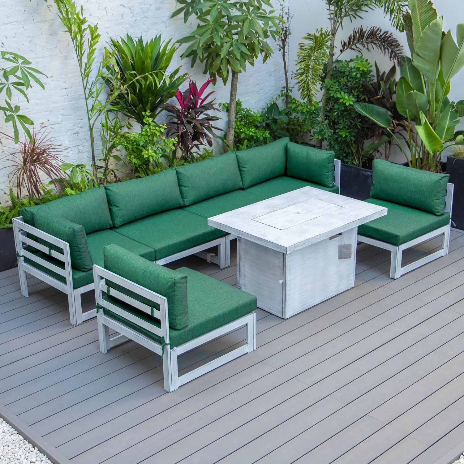 HomeStock Antique Accents 7-Piece Patio Sectional And Fire Pit Table Weathered Grey Aluminum With Cushions