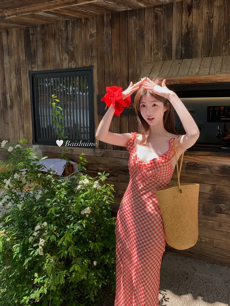 Reatio Ripe Cherry Red Suspender Fishtail Skirt Women'S Summer Waist Slimming Dress