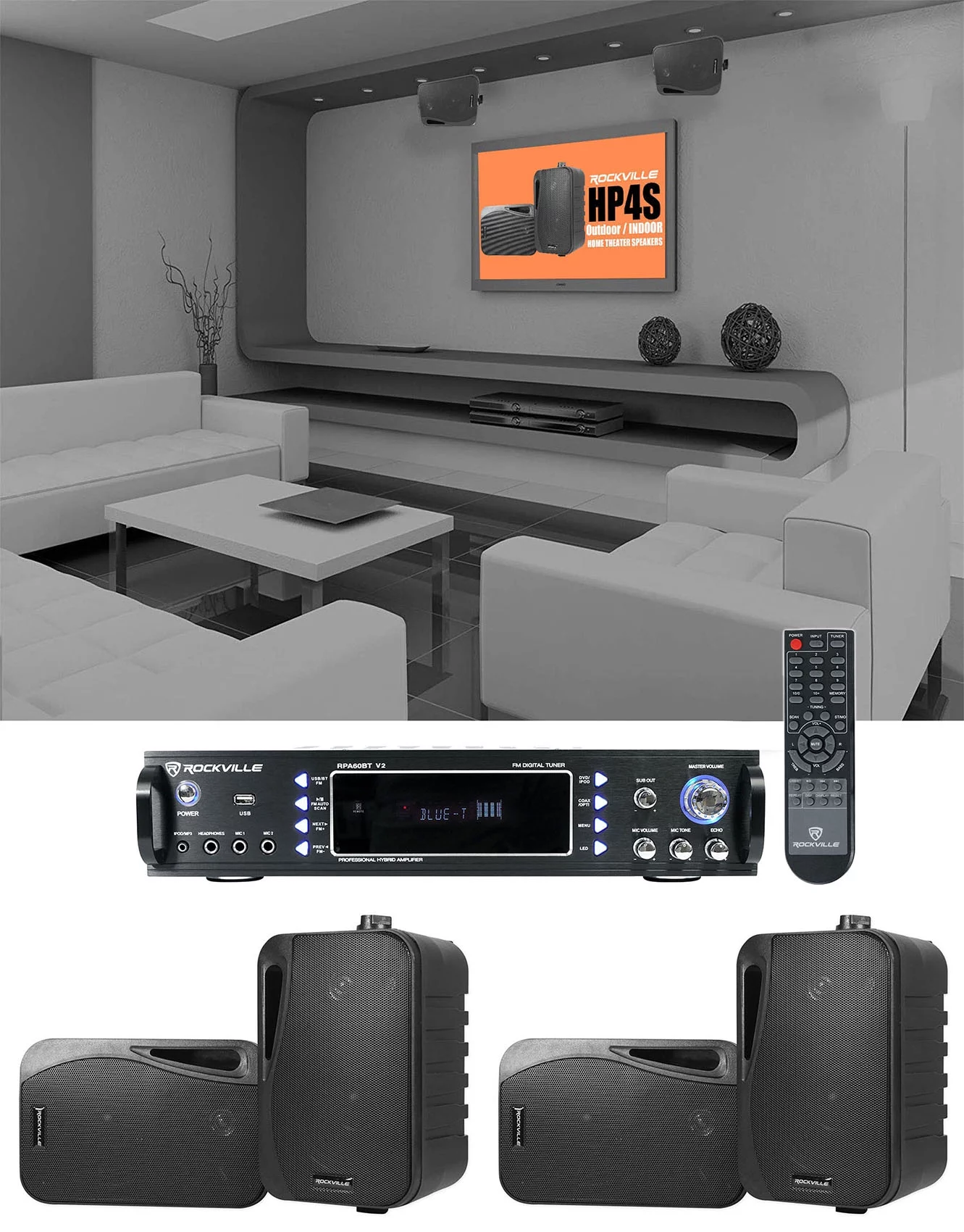 Rockville 1000 w Home Theater System w/Bluetooth Receiver+(4) 4