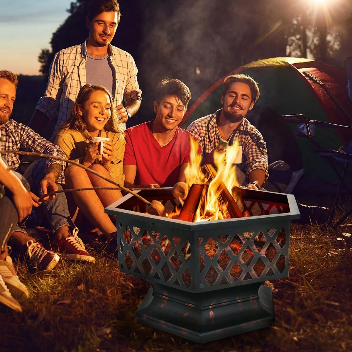 Hex Shaped Fire Pit Wood Burning Fireplace Firepit Bowl with Spark Screen Cover Patio Backyard Heater Steel 24