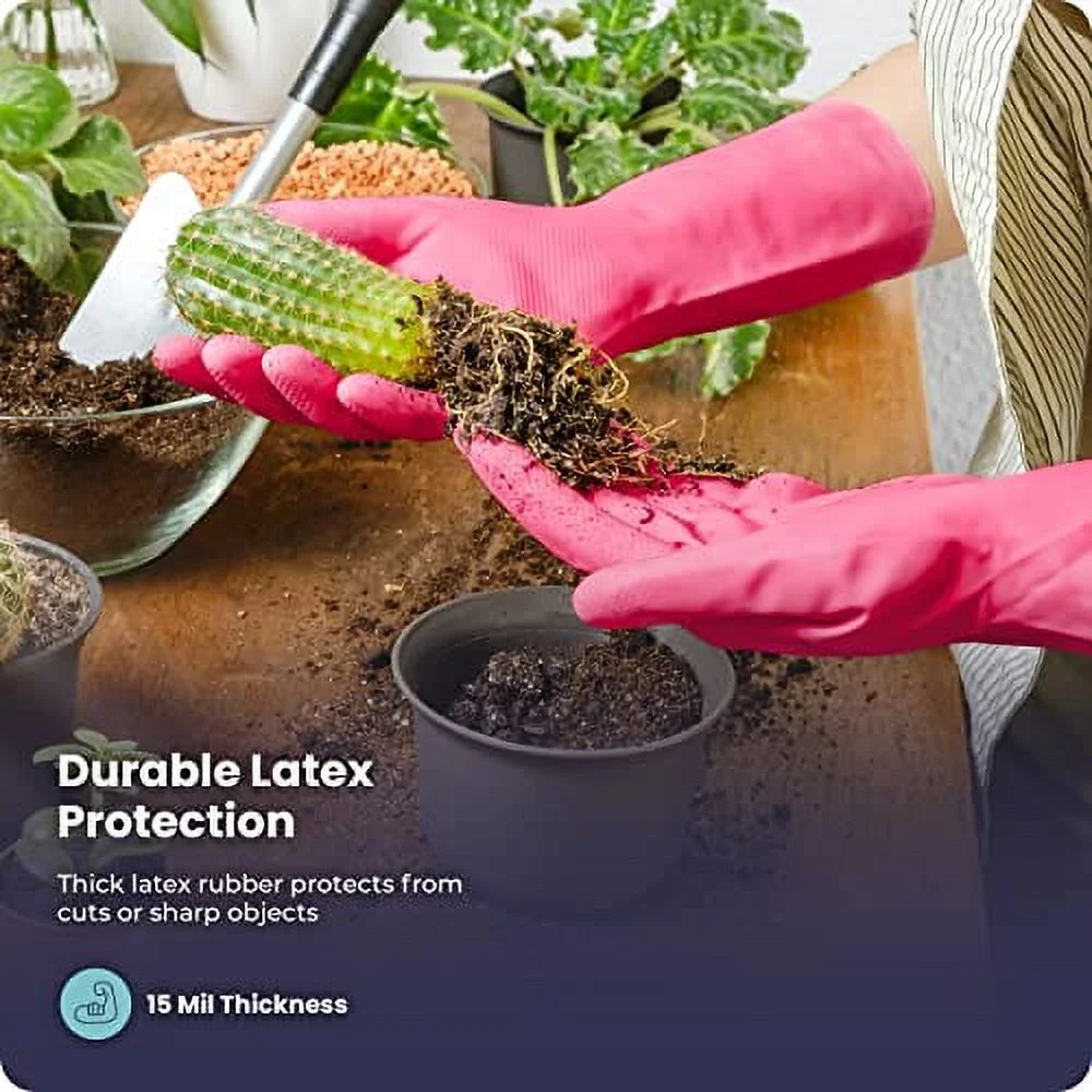 FMP Brands Cleaning Gloves 12 Pairs Rubber Gloves for Washing Dishes Non-Slip Dishwashing Gloves Waterproof Reusable Latex Dish Gloves for Kitchen, Bathroom, Household, Gardening (X-Large, Pink)