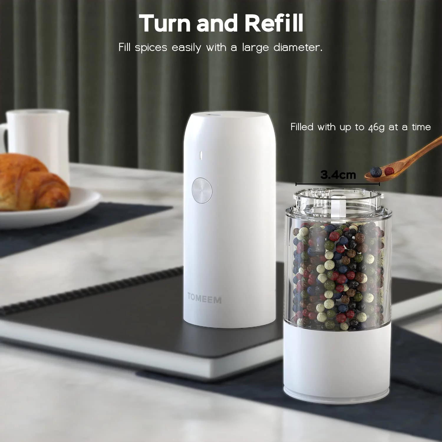 Tomeem Electric Salt and Pepper Grinder Set Rechargeable with 6-Level Adjustable Coarseness LED Light Upgraded Larger Capacity 46g