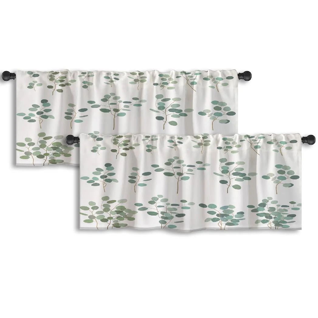 LALILO Kitchen Curtain Valance Silver Dollar Eucalyptus White Rod Pocket Window Curtain 52