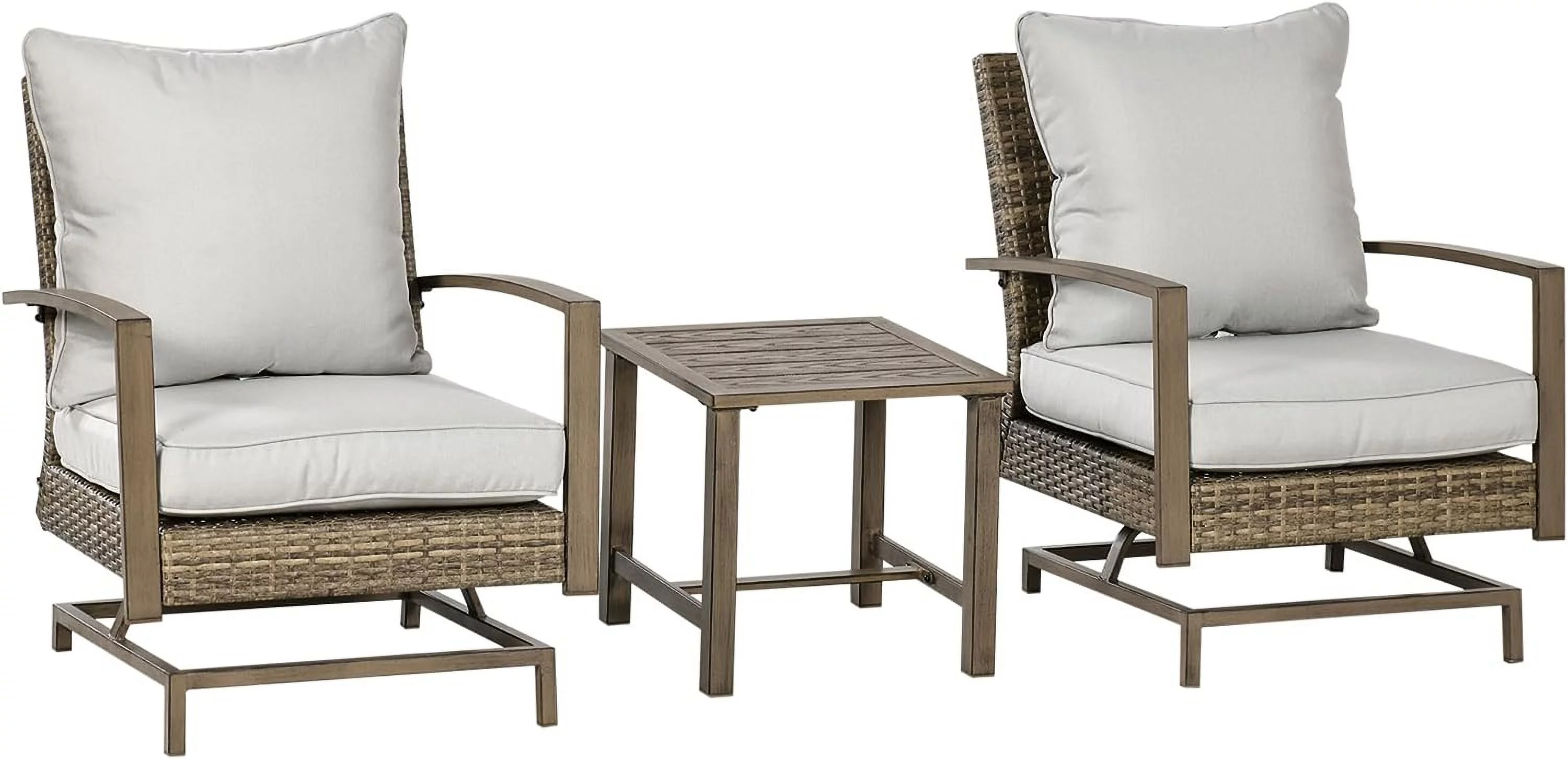 3-Piece PE Rattan S Furniture Set with Rocking Chairs and Bistro Coffee Table, Outdoor Wicker Rocker Conversation Set with Cushions for Balcony, Porch, Poolside, Yard, Garden - Gray