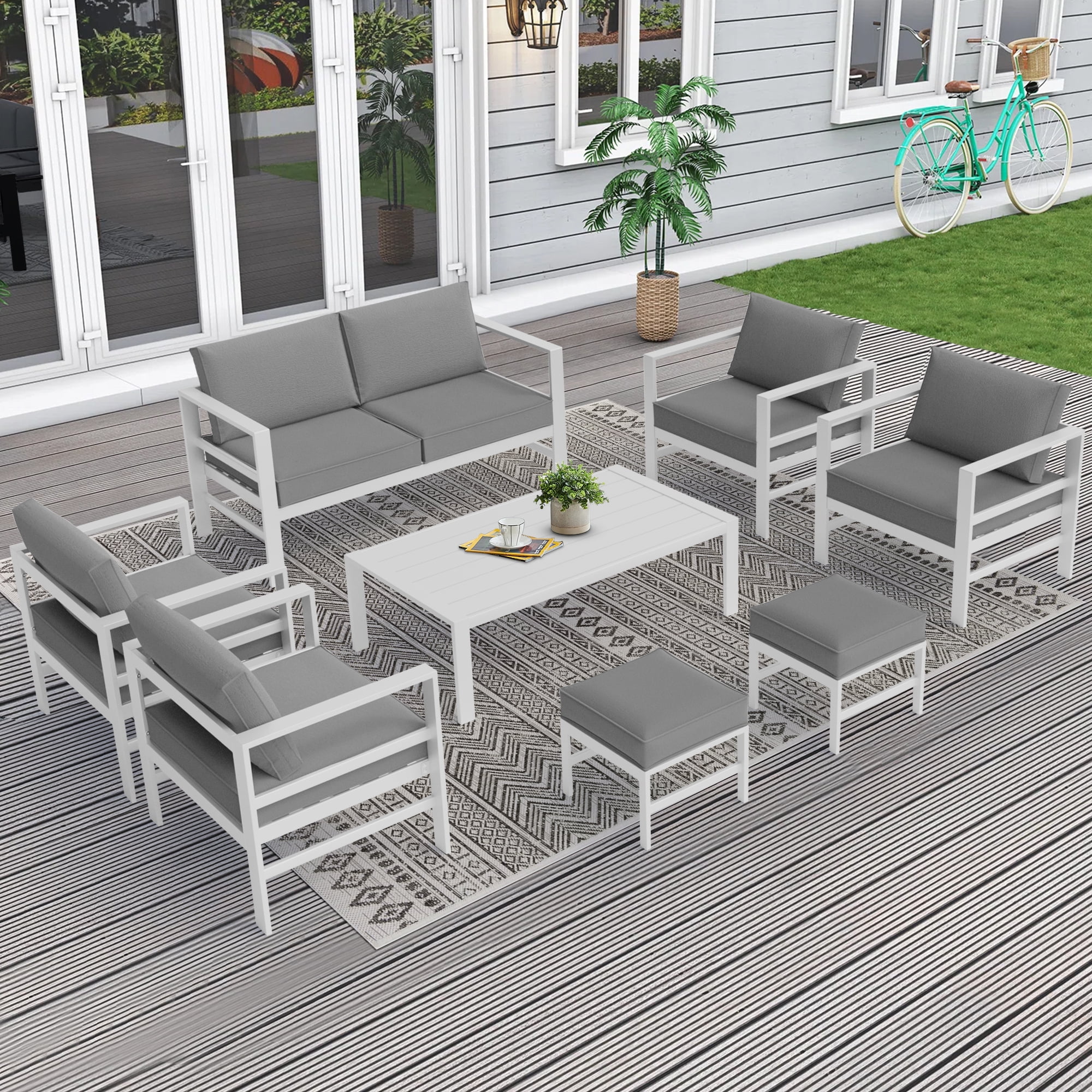 8 PCS Cast Aluminum Outdoor Patio Furniture Set, Minimalist Patio Set with Coffee Table, White