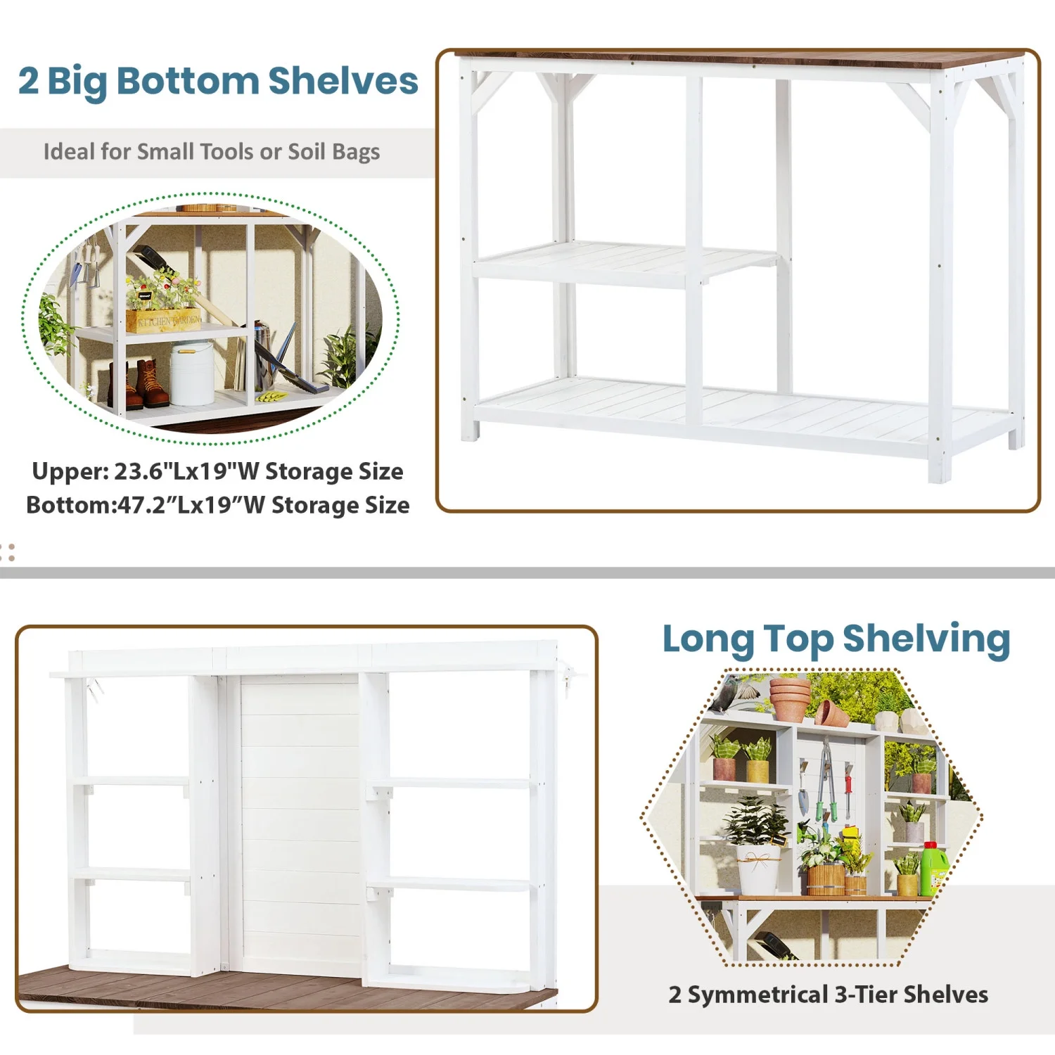 Convenient  Spacious  and Practical White Outdoor Potting Bench with Large 6-Tier Shelves  Perfect for Backyard and Mudroom Gardening  Includes Handy Side Hook and Generous 64.6” Tabletop