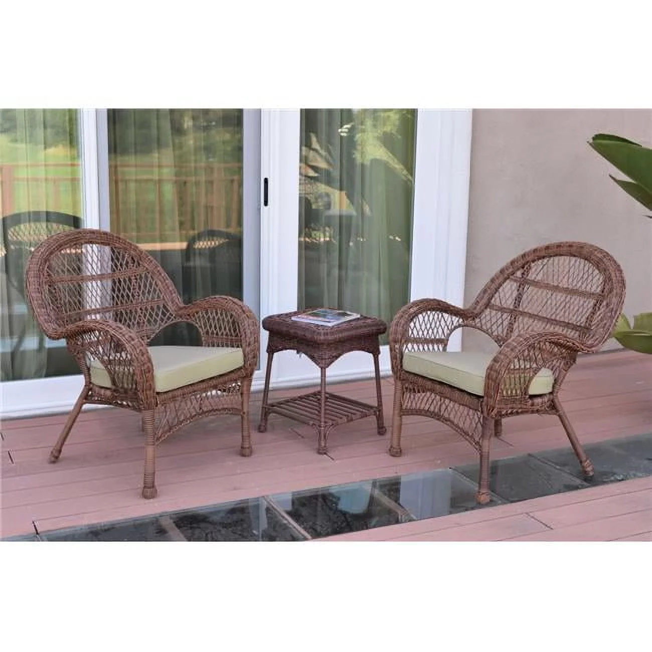Jeco W00210-2-CES006 3 Piece Santa Maria Honey Wicker Chair Set, Tan Cushion