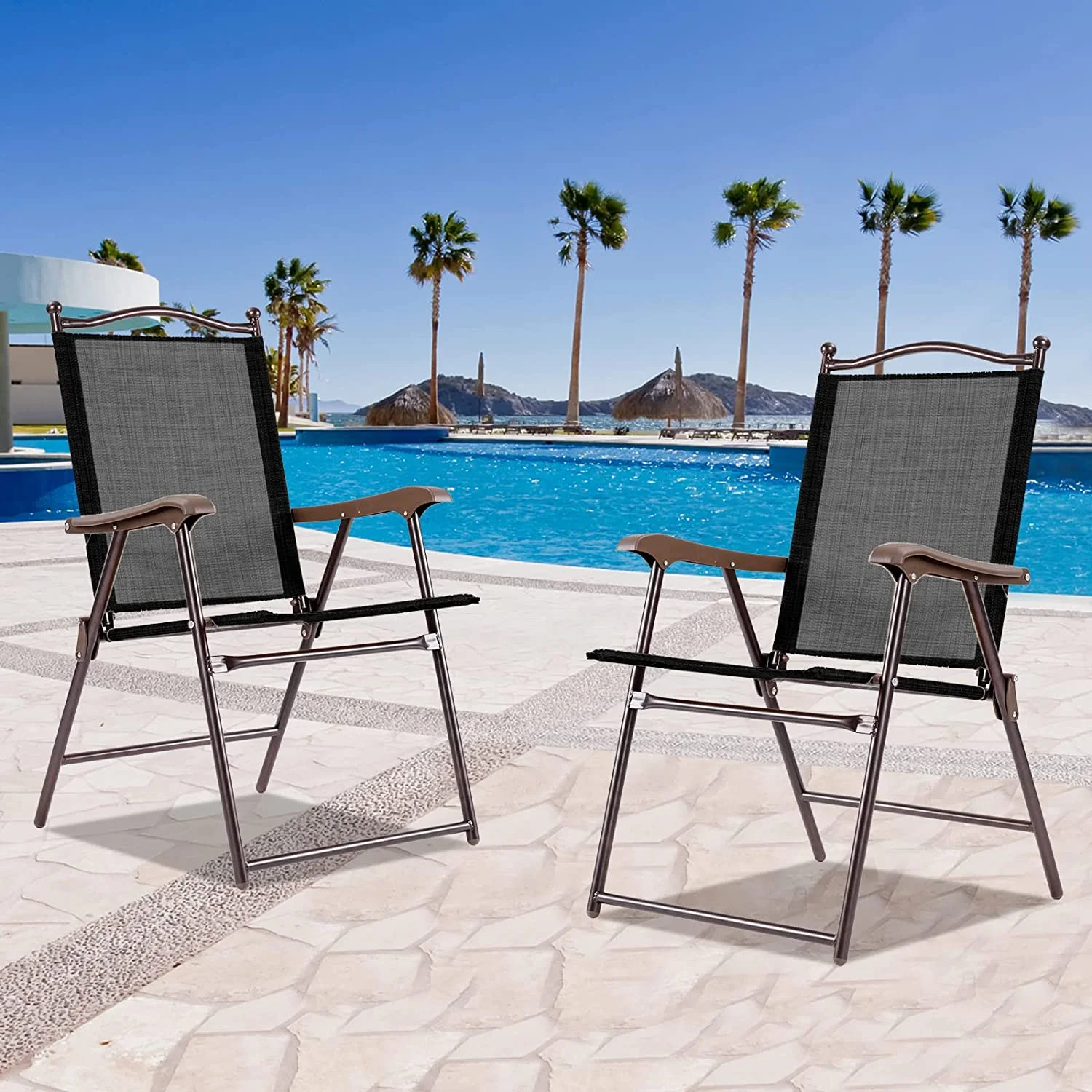 Set of 2 Patio Folding Dining Chairs, Outdoor Sling Lawn Chairs with Armrests, Steel Frame, Portable Camping Lounge Chairs for Backyard, Deck, Poolside and Garden, No Assembly (Black)