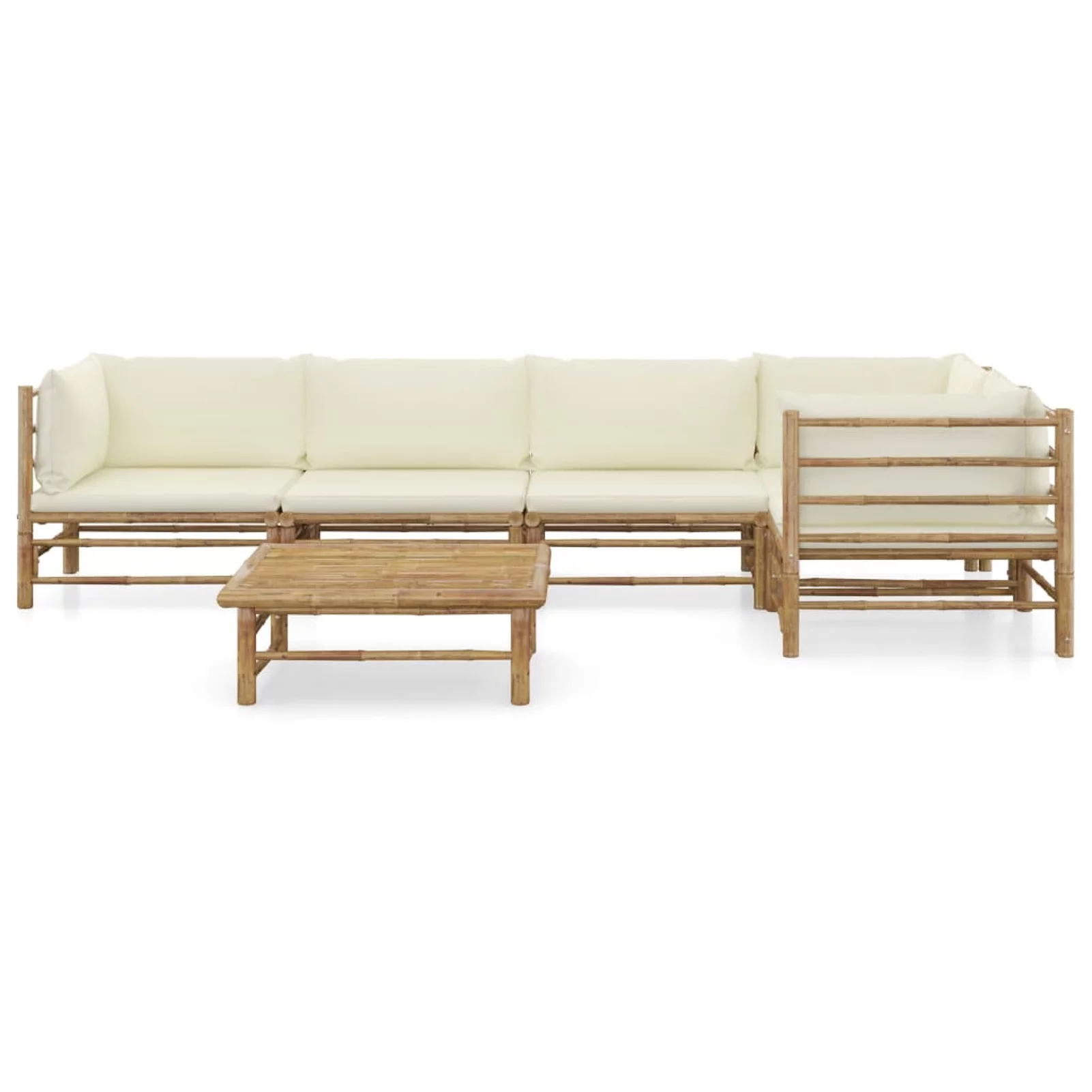 Dcenta 6 Piece Patio  Set with Cream White Cushions 2 Middle and 3 Corner Sofas, Side Table Conversation Set Bamboo  Sectional Sofa Set for Garden, Balcony, Yard, Deck