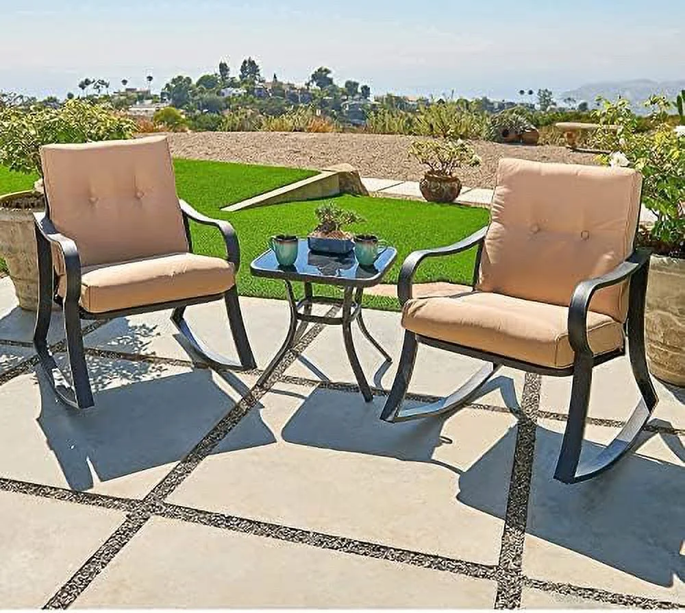 SJOPLMN Outdoor 3-Piece Rocking Chairs Patio  Black Steel  with Thickened Cushion and Glass-Top Coffee Table  Grey