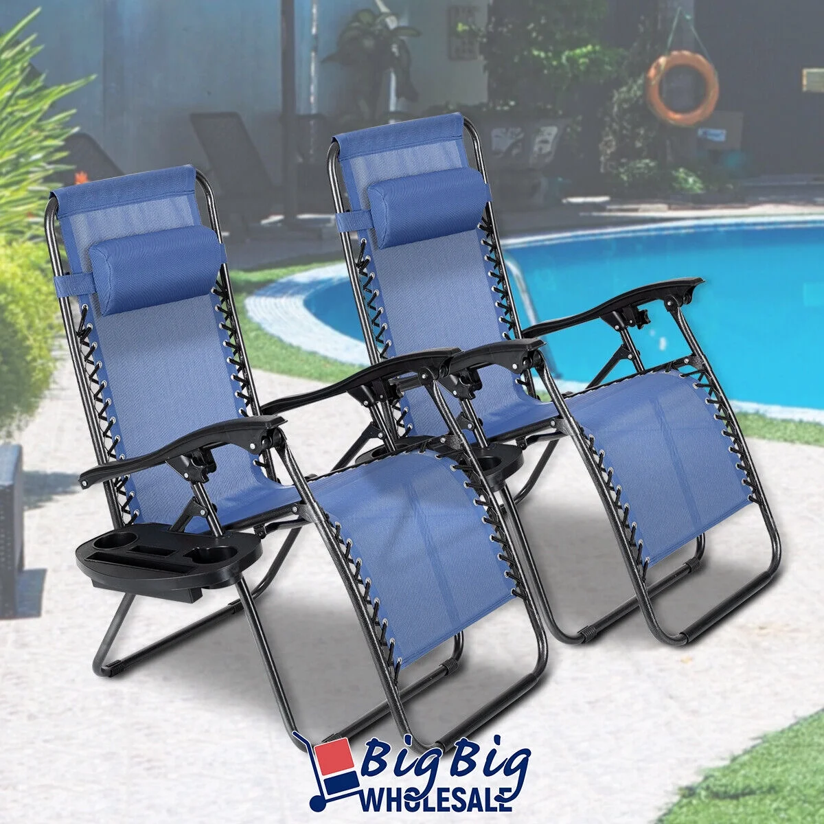 2PC Zero Gravity Chair Folding Outdoor Patio Beach Recliner Mesh Cup Holder Tray