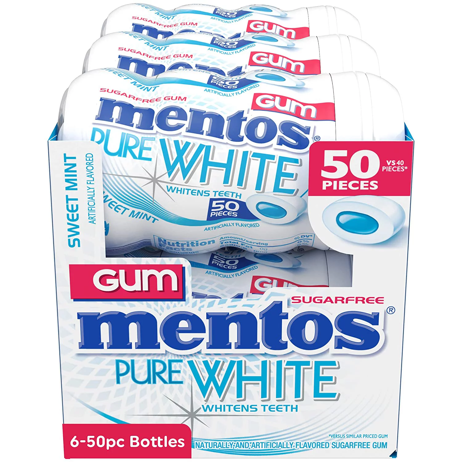 Pure White Sugar-Free Chewing Gum With Xylitol, Sweet Mint, Bulk, 50Piece Bottle (Pack Of 6)