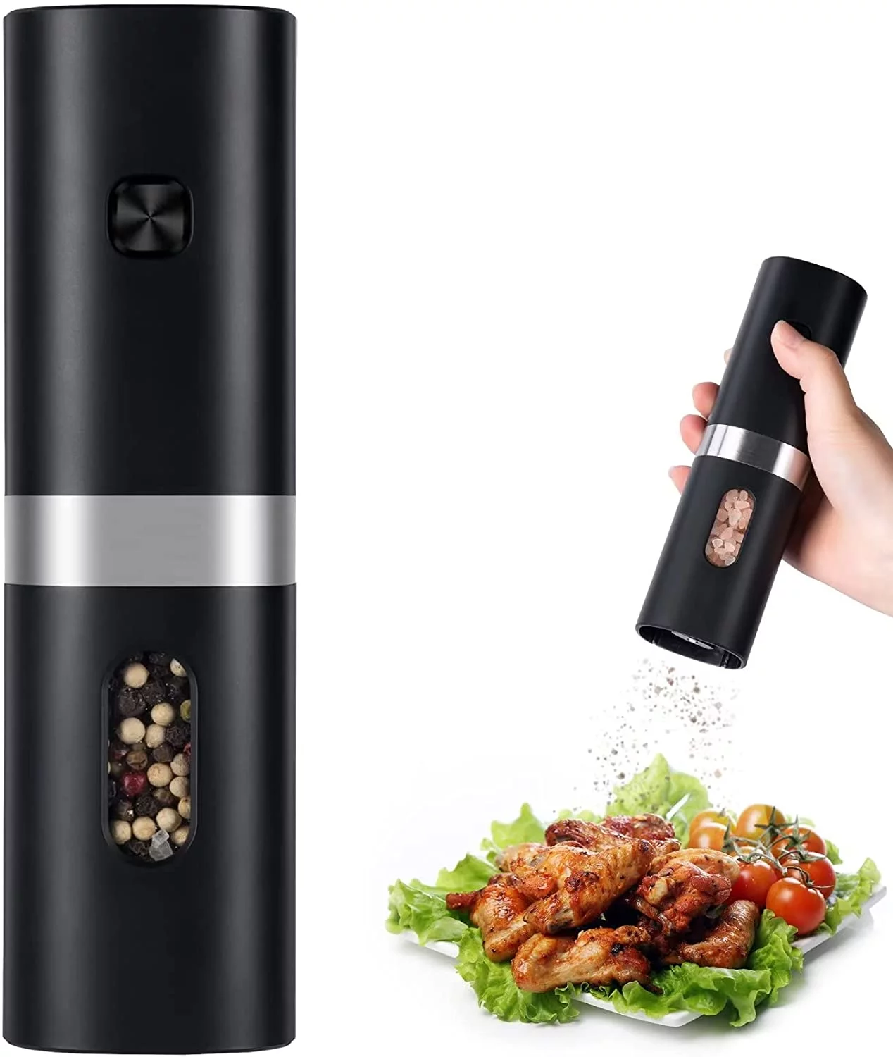 Jsbaby Electric Pepper Grinder and Salt Grinder Pepper Mills with Automatically LED Light, Easy to adjust Coarseness Salt Grinder, Battery Operated and One Hand Operation, Black