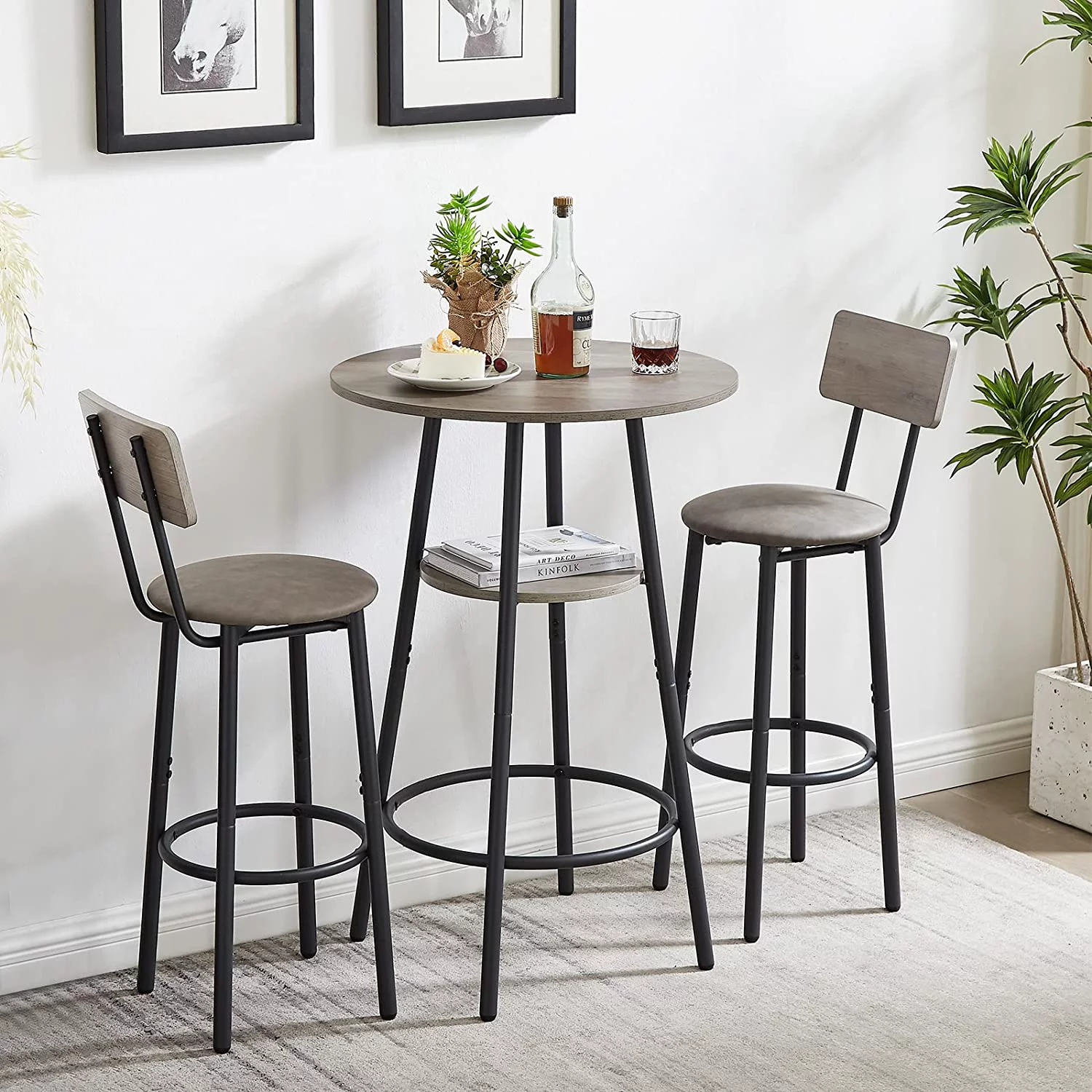 HBROLJF 3-Piece   Set for 2  Small 2-Tier Round Bistro Pub Dining  & PU Upholstered Stools with Backrest  Counter Height  and Chairs Set for Kitchen Small Space  Grey
