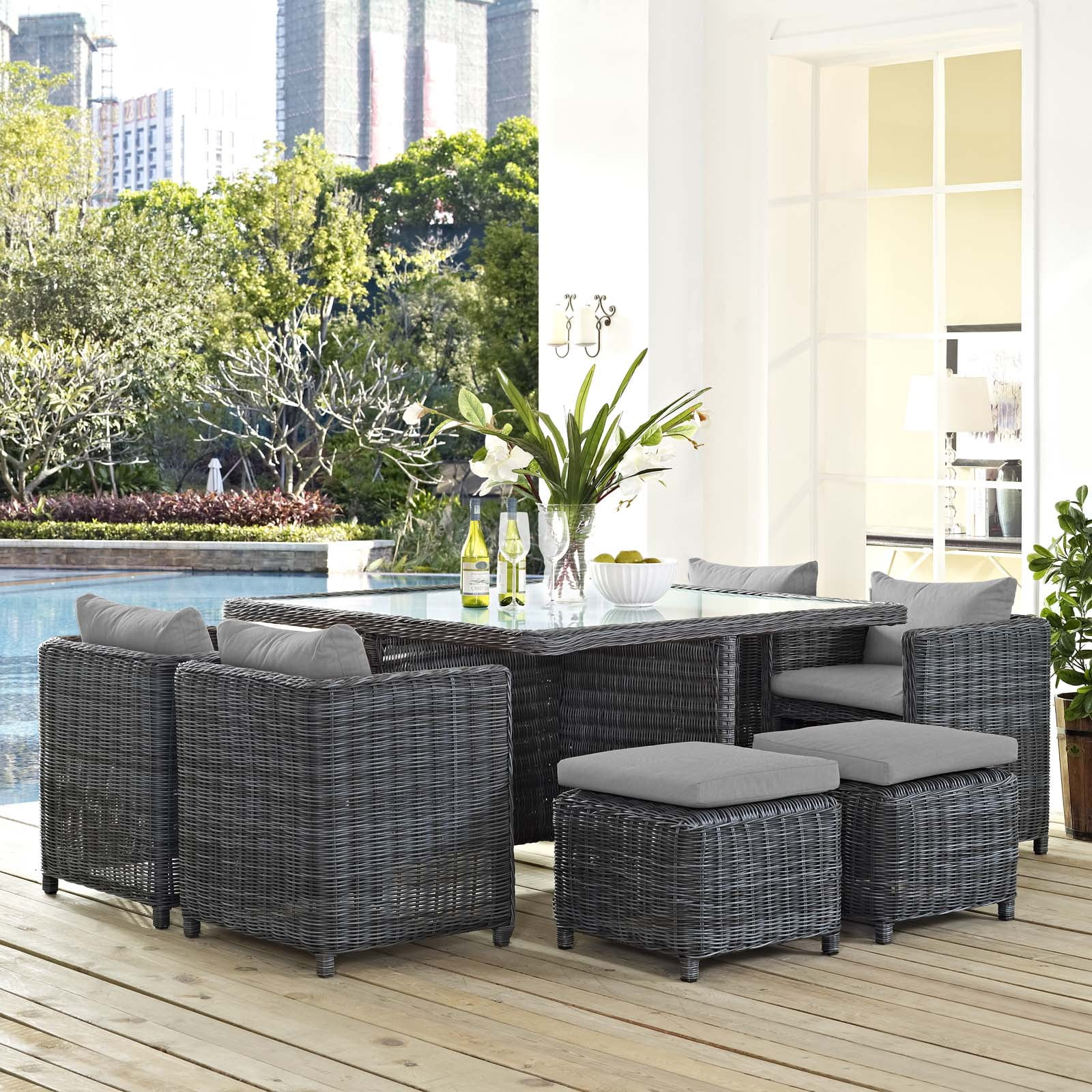 Modern Contemporary Urban Outdoor Patio Balcony Garden Furniture Side Dining Chair and Table Set, Sunbrella Rattan Wicker, Grey Gray