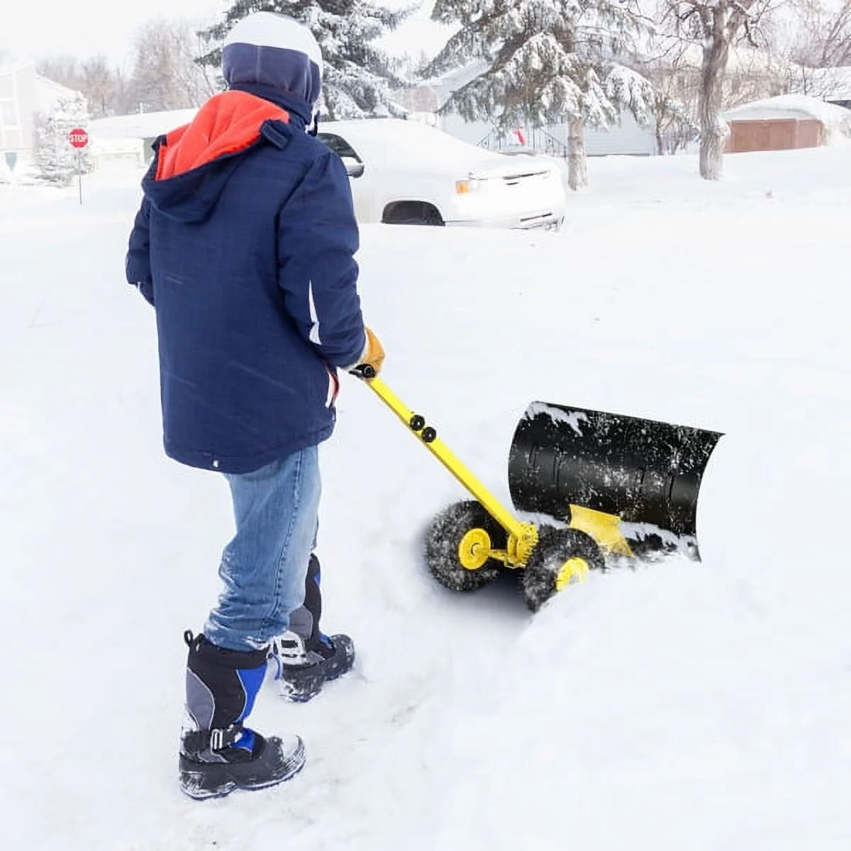 Bornmio 74*47cm Iron Yellow T-Handle Black Blade Adjustable Human-Powered Snow Plow