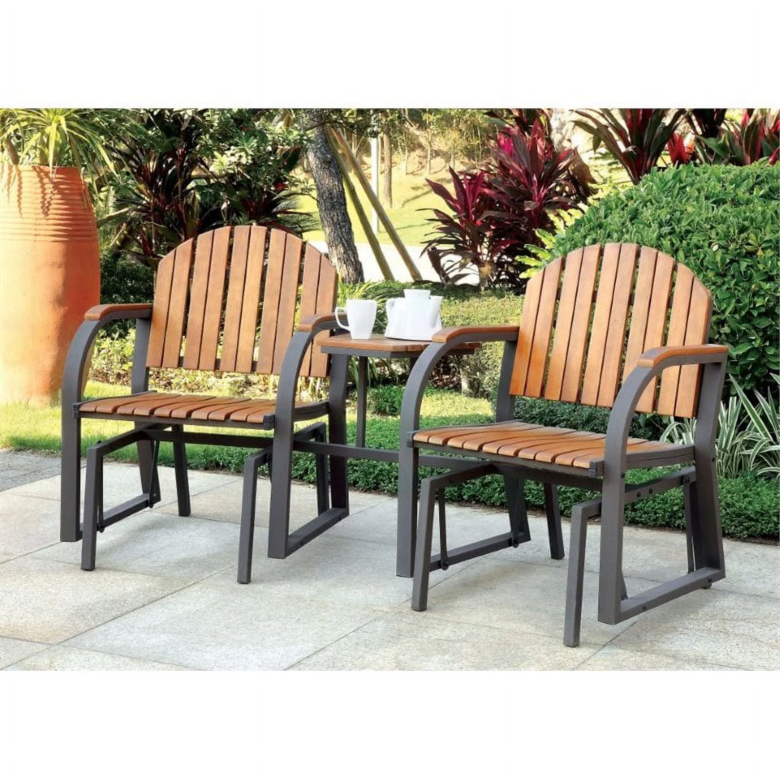 Furniture of America Dwight Metal 3-Piece Patio Rocker Conversation Set in Oak