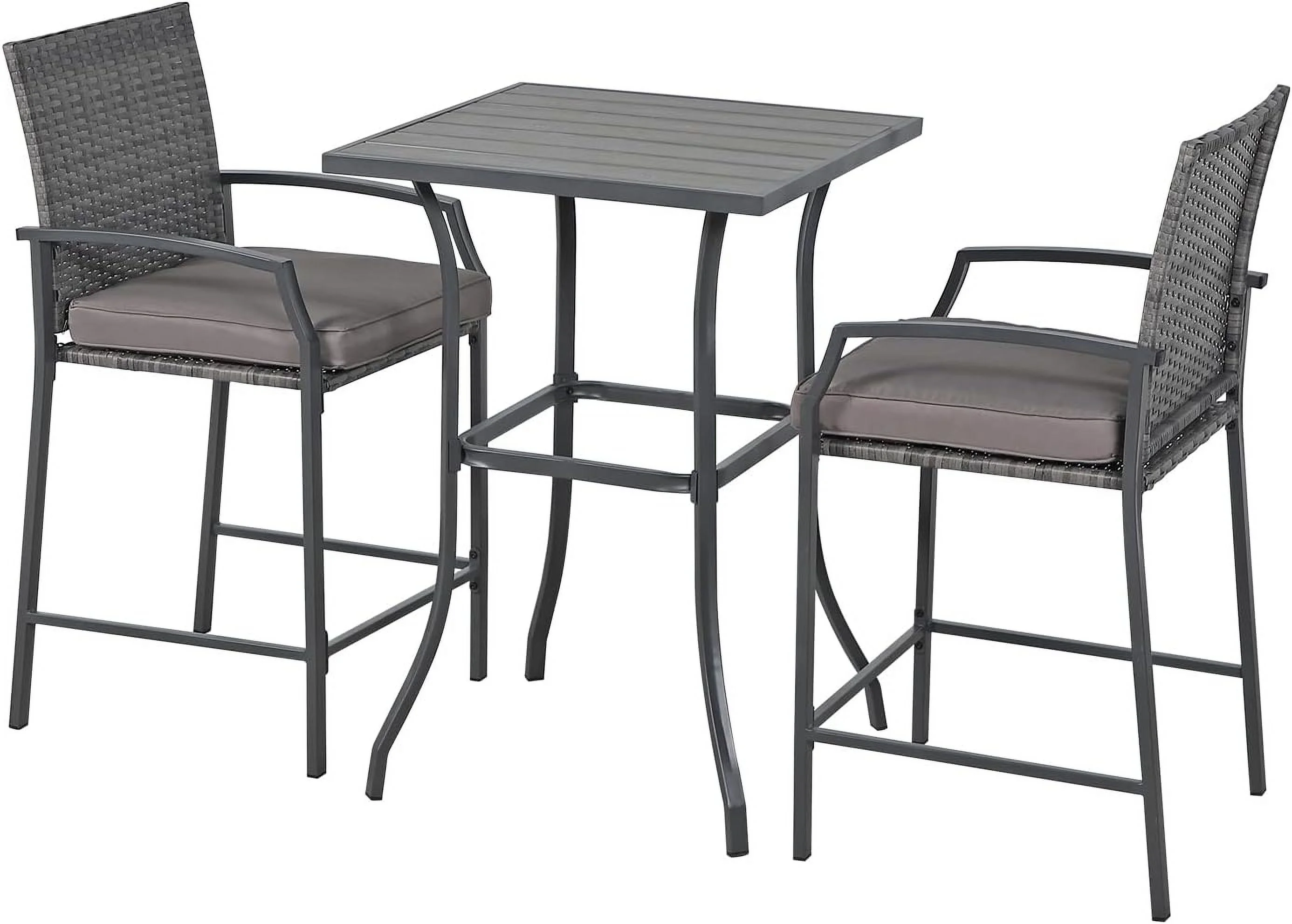 DSZBNUIO 3 Piece Patio  Set  Outdoor Wicker Counter Height  Stools and Wood Top Table Set for 2 People   Height Table  with 2  Chairs and Cushions for Backyard  Balcony