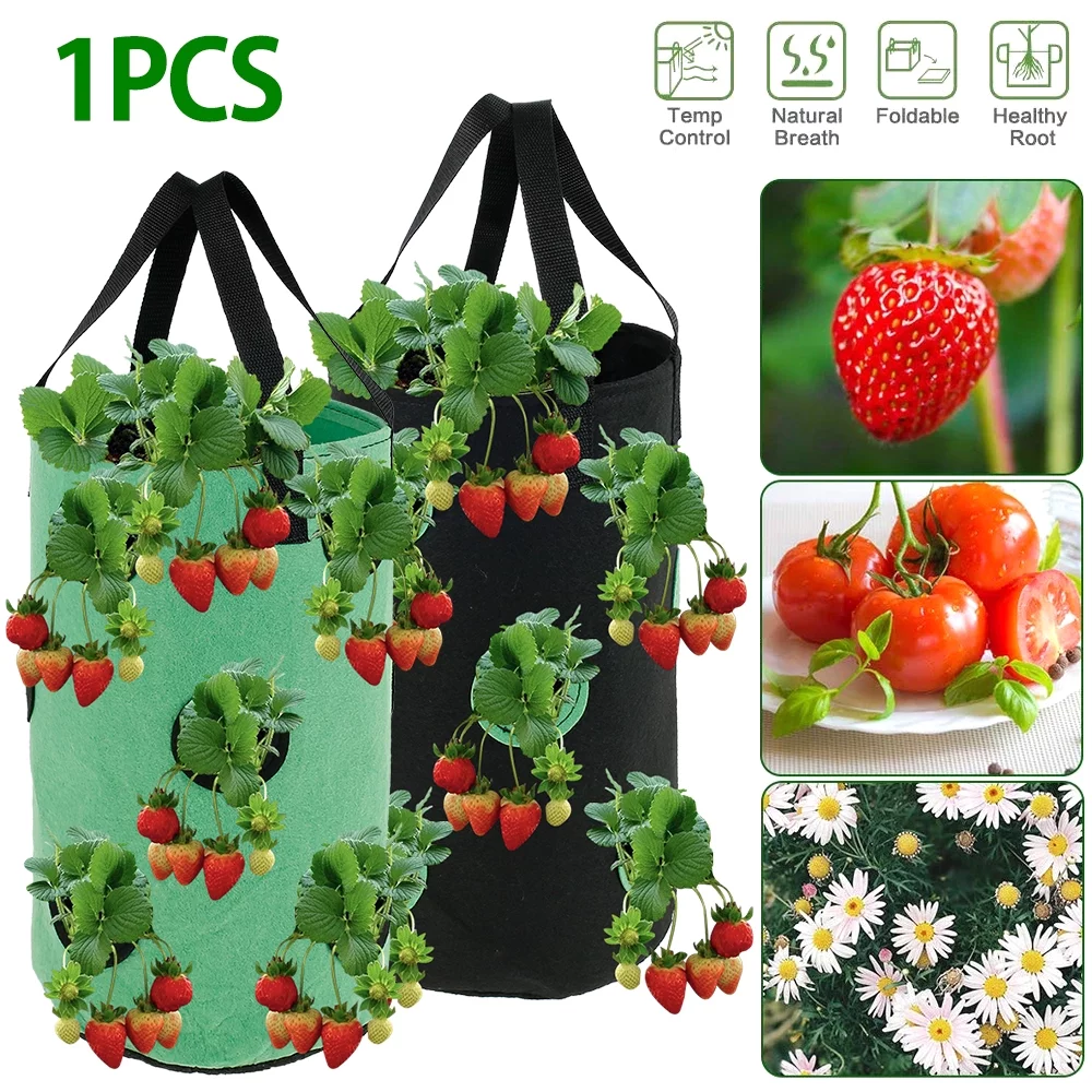 ZOELNIC Strawberry Planting Pot Container Plant Grow Bags Home Hanging Strawberry Planter Growing Bags Reusable Non-woven Fabric Green