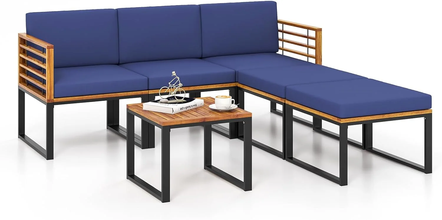 Dina 6 Piece Patio Conversation Sofa Set  Acacia Wood Chair Set with Ottomans & Coffee Table  Comfy Seat & Back Cushions  Outdoor Wood Furniture Set for Backyard  Poolside  Garden