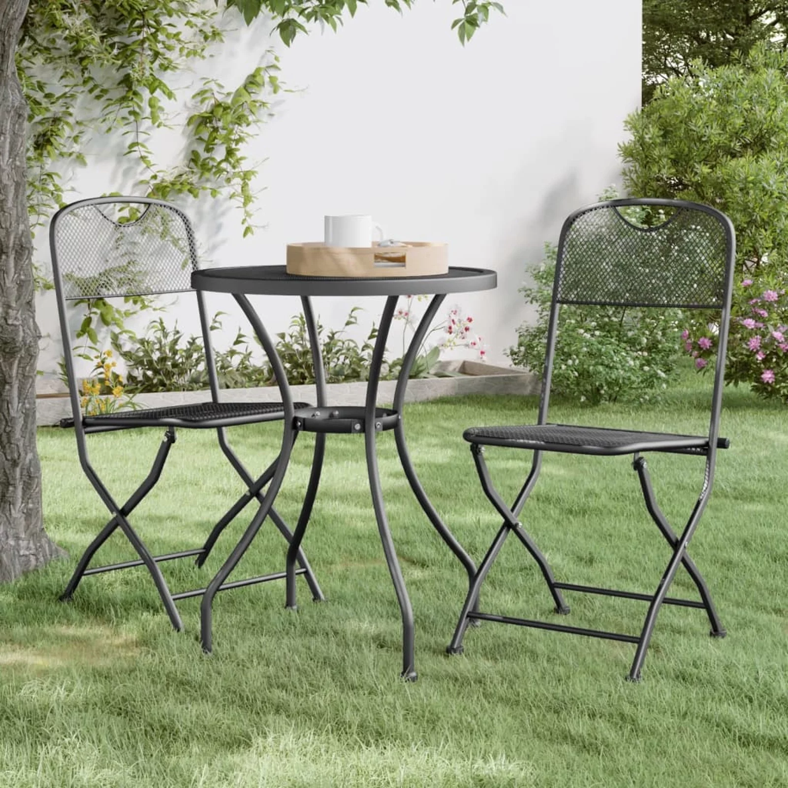 OWSOO 3 Piece Patio Dining Set Expanded Metal Mesh Anthracite