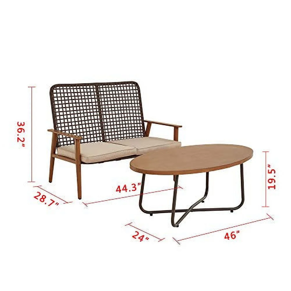 PatioFestival 2 Pieces Patio Loveseat Wood Grain Finish with Coffee Table Outdoor Bistro Furniture Set for Lawn Porch Garden Yard Poolside (Large, Khaki)