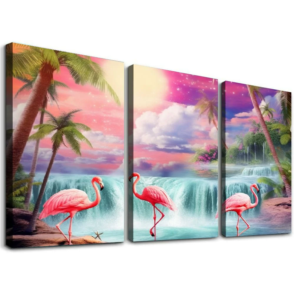 Jiayy Flamingos Palm Trees Waterfall Art Wall Decor Canvas Print 12x16in x3 Ready to Hang 12x16x3pcs