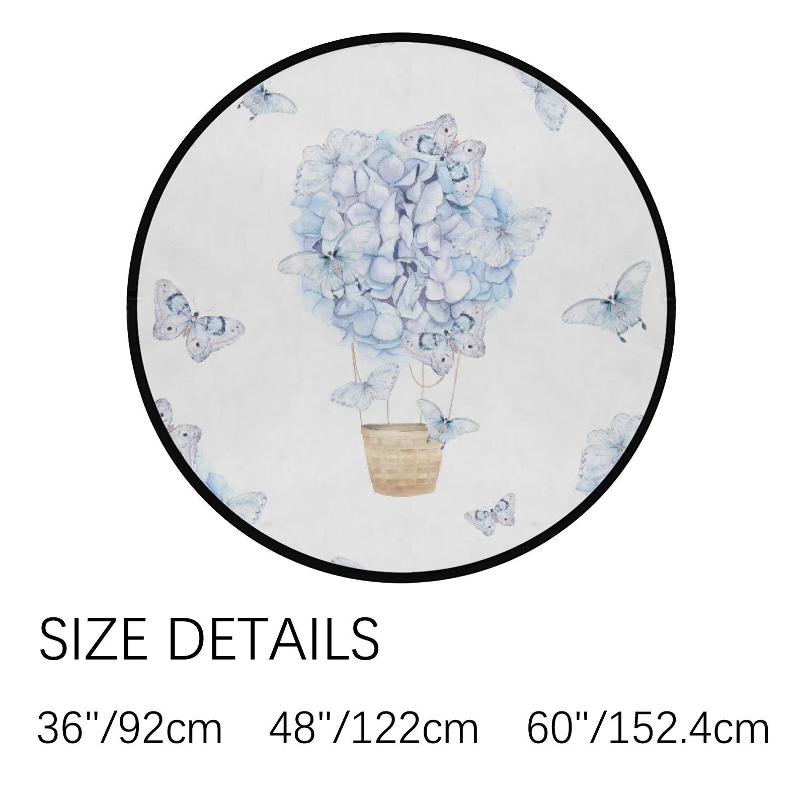 Coolnut Round Rugs for Living Room, Light Blue Hydrangea Butterfly Balloon Non-Slip Coral Velvet Long Runner Rugs, Washable Water Absorbent Mat Carpet for Bedroom Kitchen Kids Room
