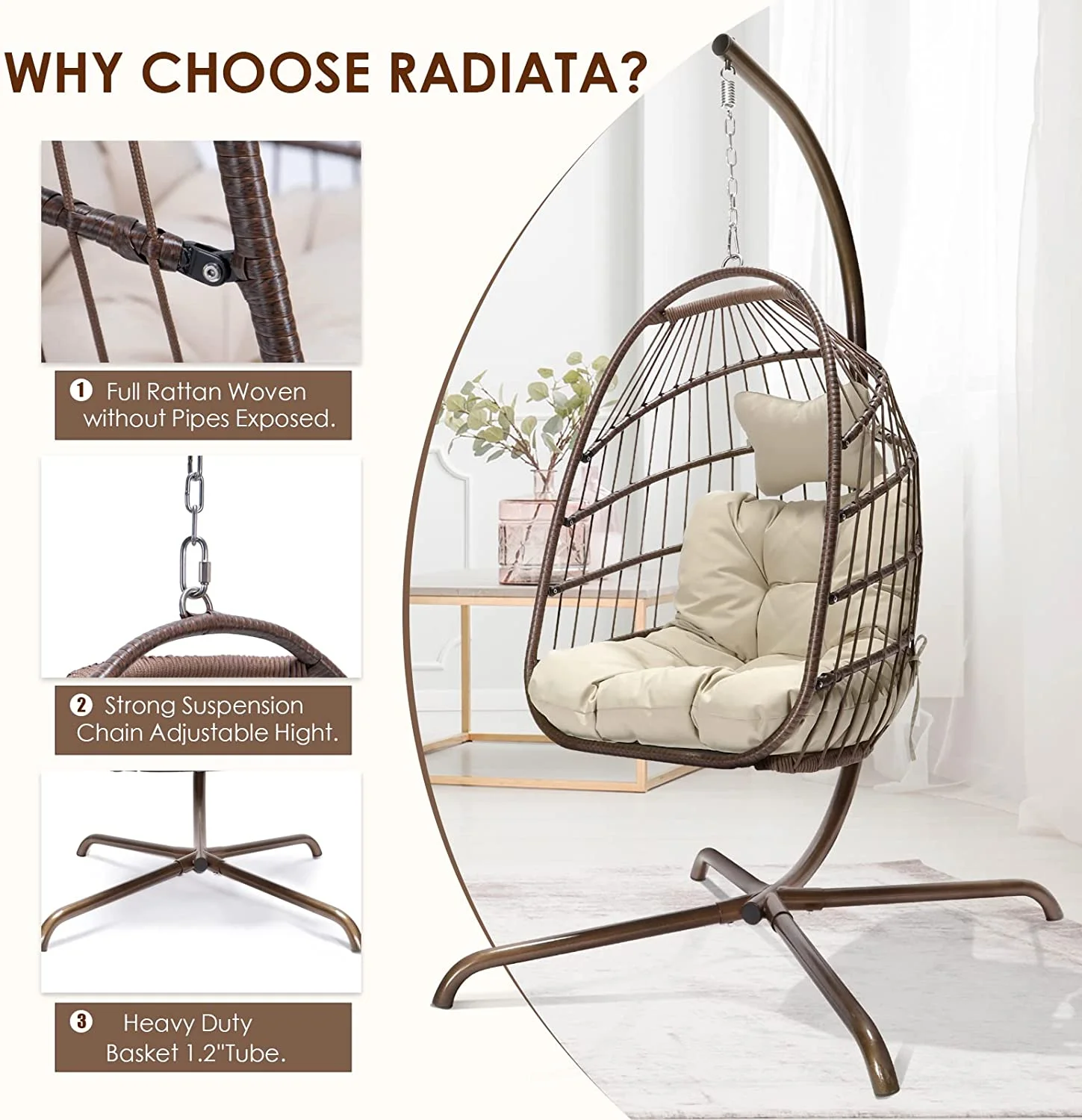 RSJIWOGZ Egg Chair Luxury Outdoor Patio Wicker Hanging  Egg Chairs with Water Resistant Cushions for Patio Backyard Balcony (Dark Gray Without Stand)