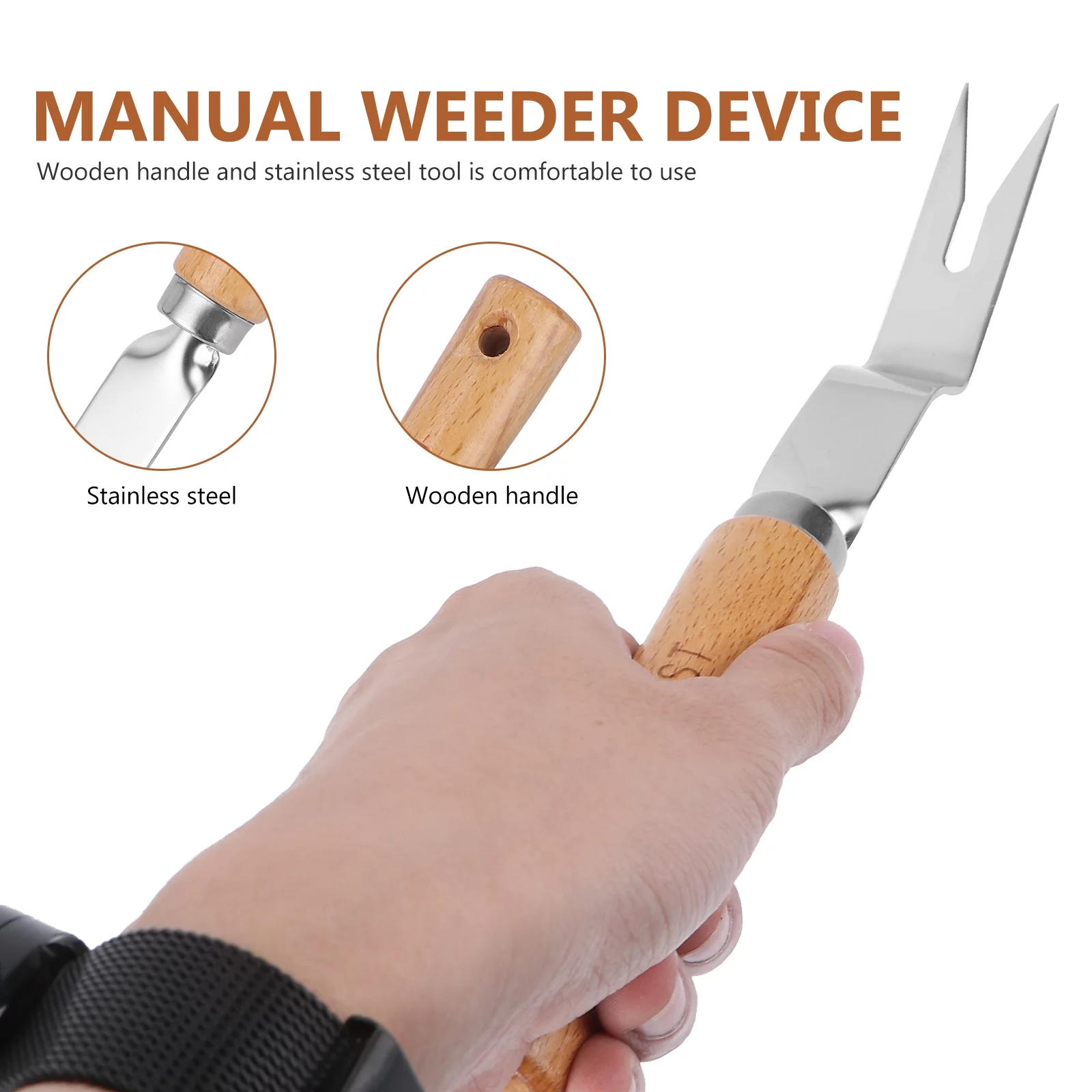 Gongxipen Professional Weeding Tool Wooden Handle Stainless Steel Manual Weeder Weeding Device (Stainless Steel Root Remover）