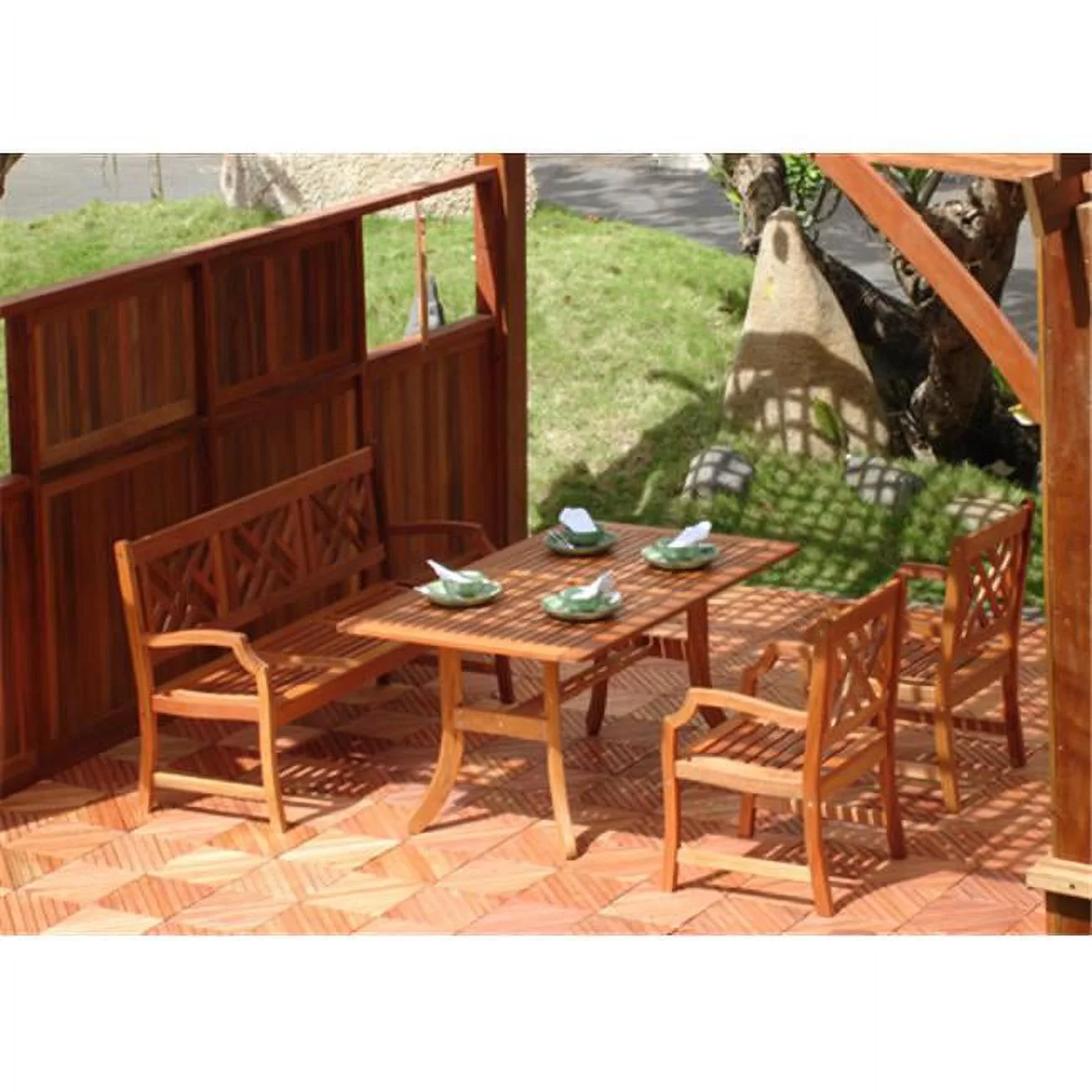 Malibu Outdoor 4-piece Wood Patio Dining Set with 5-foot Bench and Armchairs