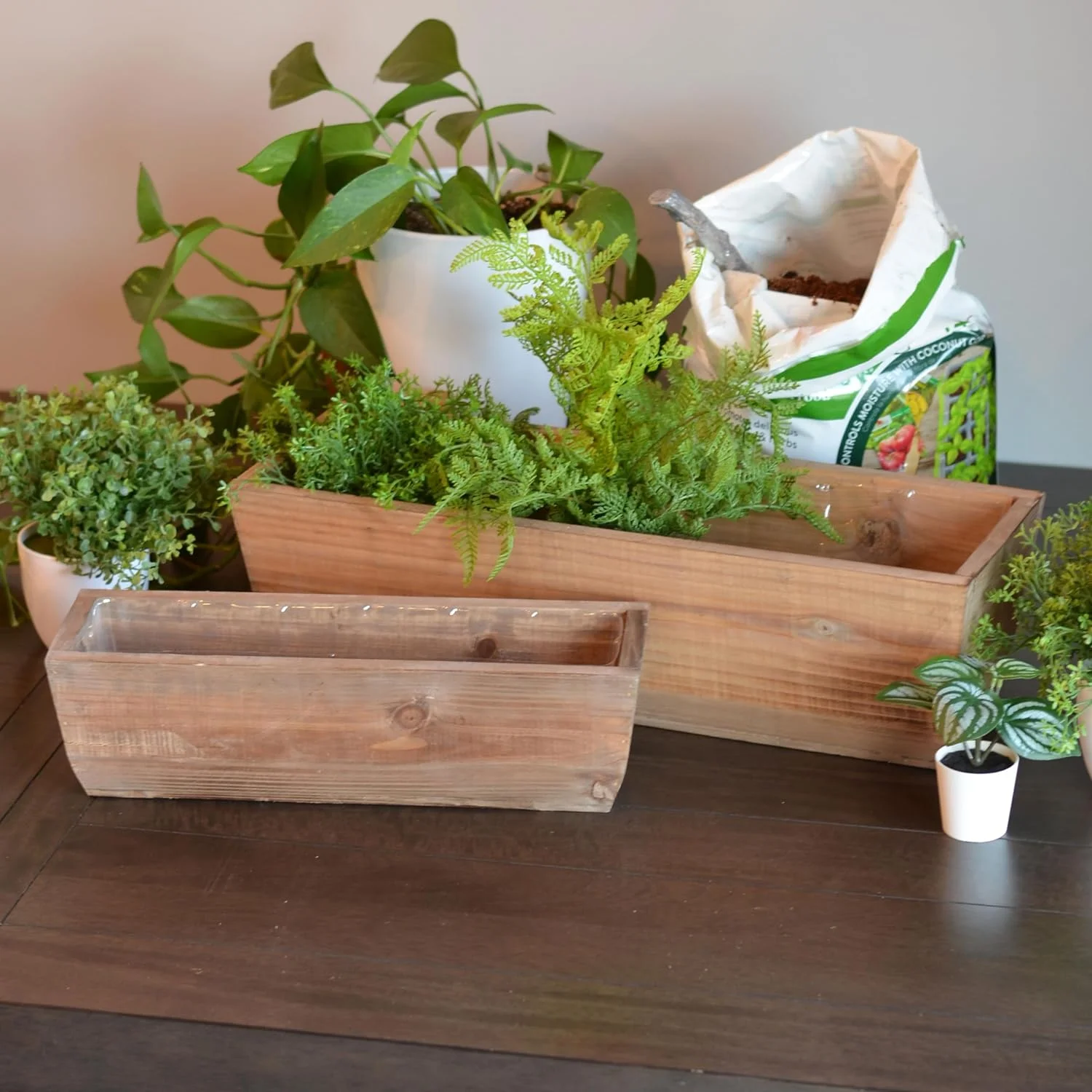 Balcony Box Planters, Set of 2, Rectangular, Plastic Lined, Fir Wood, 21.75 and 15.75 Inches, Nesting