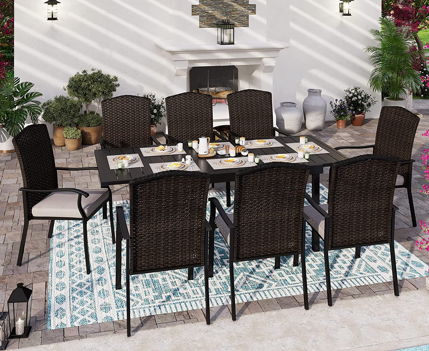 VALLEY Patio Dining Set 5 PCS C Spring Outdoor Dining Sets Wicker Patio Chairs with Cushion 37\u201Dx37\u201Dx28\u201DSquare Table 1.57" Umbrella Hole for Outdoor Kitchen Lawn Garden.