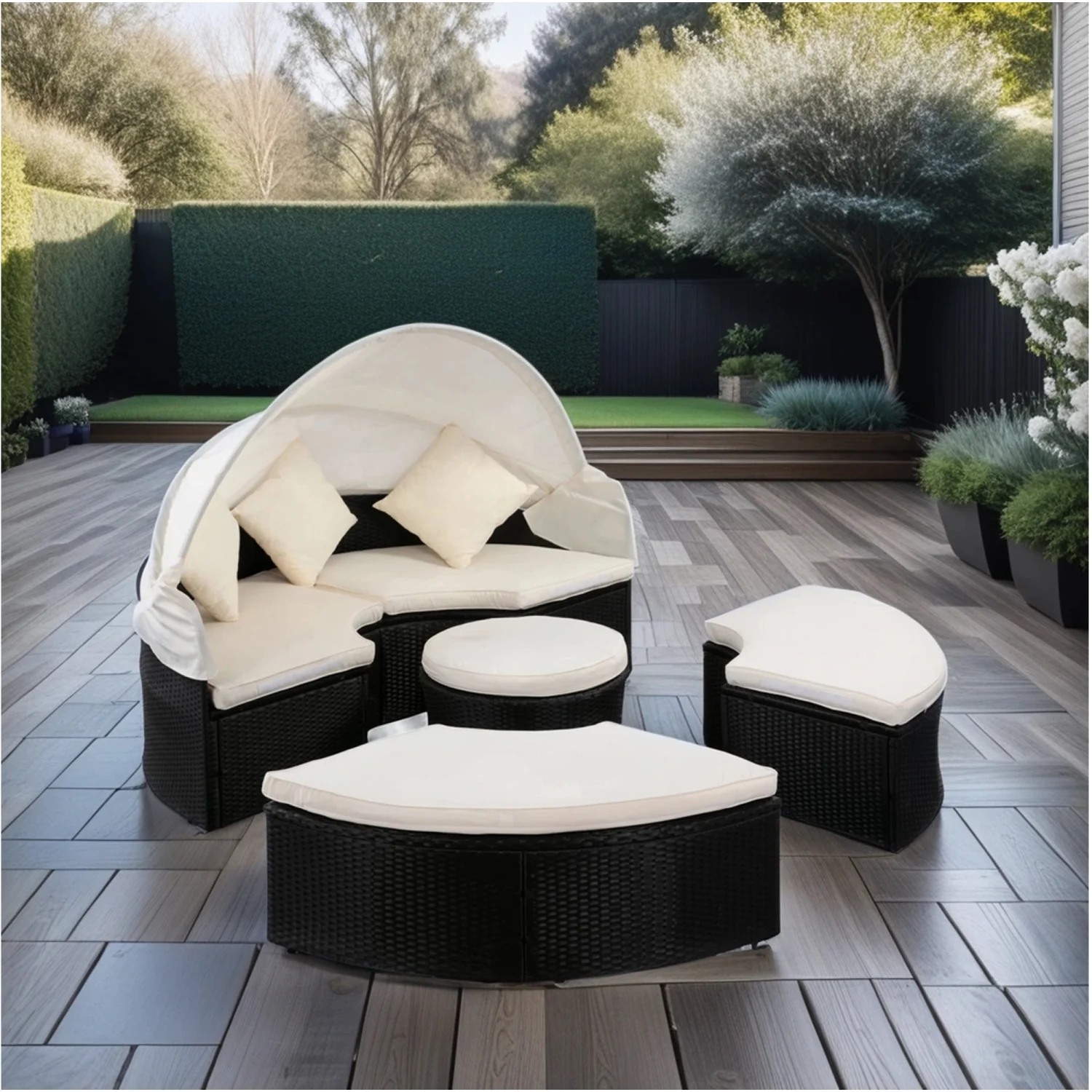 Ultimate Comfort and Style - Luxurious Black Wicker Outdoor Patio Round Daybed with Retractable Canopy and Creme Cushion - Elegant Rattan Wicker Furniture Sectional Seating Set  Perfect f