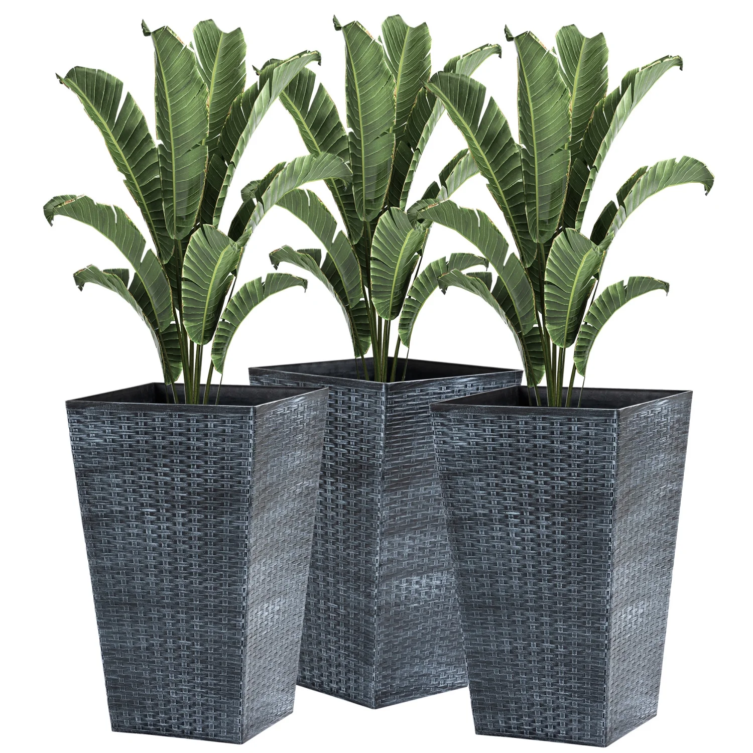 SJIOPL Set of 3 Tall Planters with Drainage Hole  Outdoor Flower Pots  Indoor Planters for Porch  Front Door  Entryway  Patio and Deck  Gray