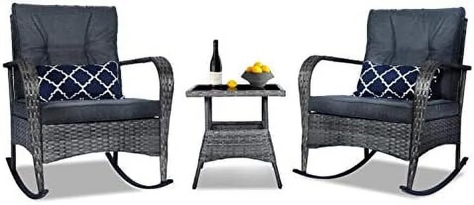 xrboomlife 3 Pieces Patio PE Rattan Conversation Chair Set  Outdoor  Rocking Chair Set with Water-Proof Cushion&Coffee Table for Garden Backyard and Porch (Light Grey)