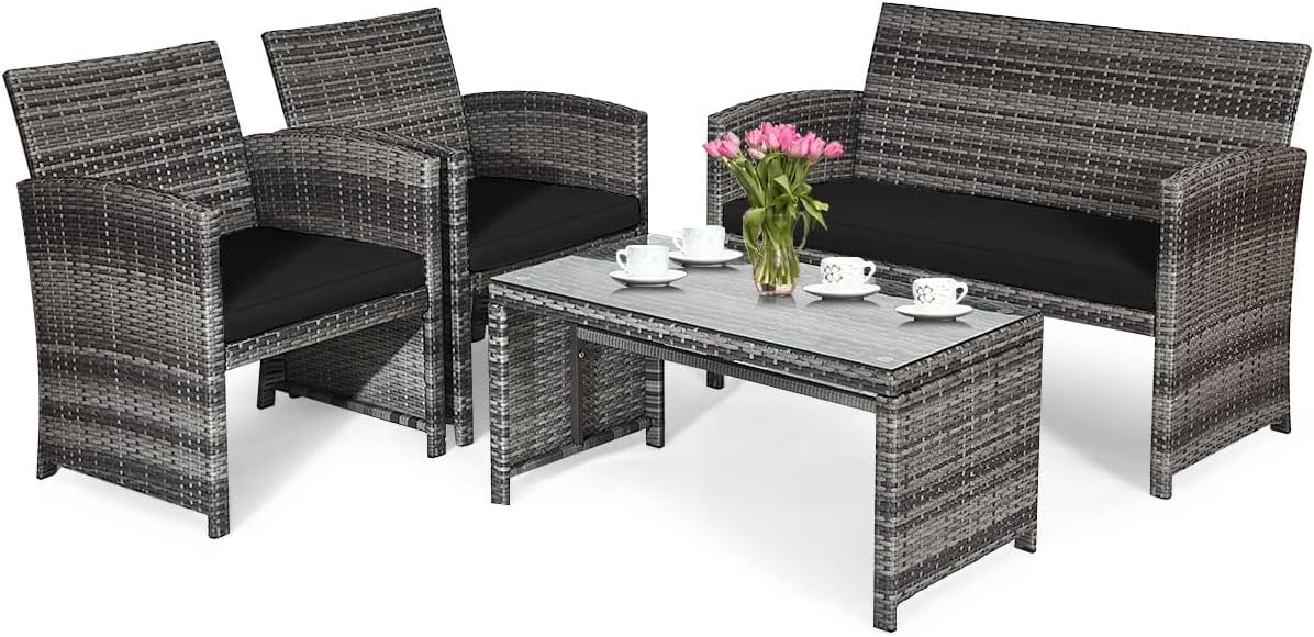 Dina 4 Piece Patio Conversation Set with Soft Cushions Rattan Furniture Set with PE Wicker Coffee Table & Sofa Chairs for Garden Poolside Porch Backyard