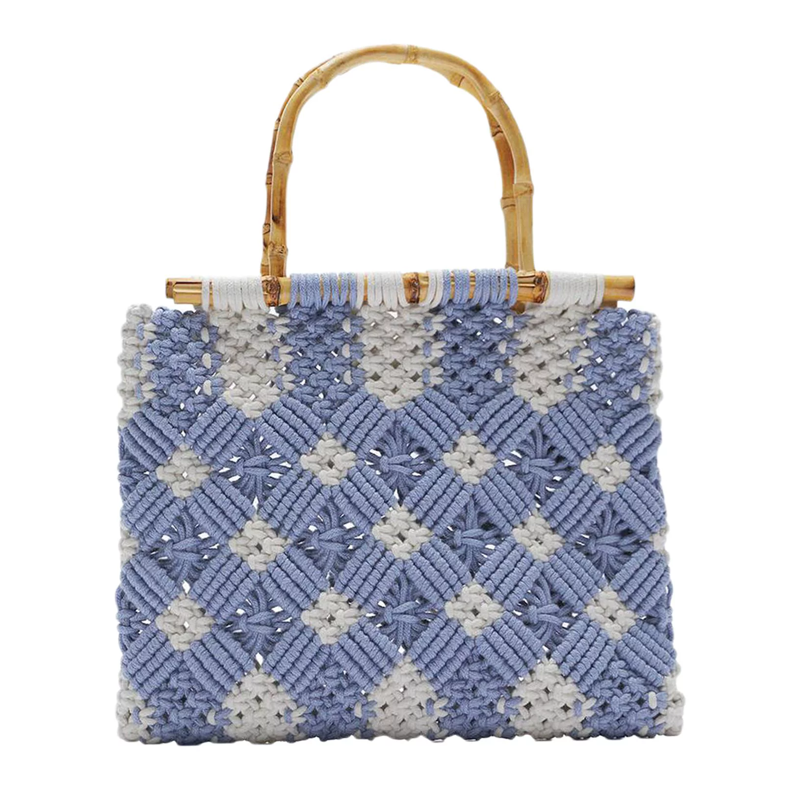 Handmade -handle Woven Shoulder Bag Knit Casual Travel Tote Bag Fashion Beach Handbag Large Capacity Shopping Bag Blue