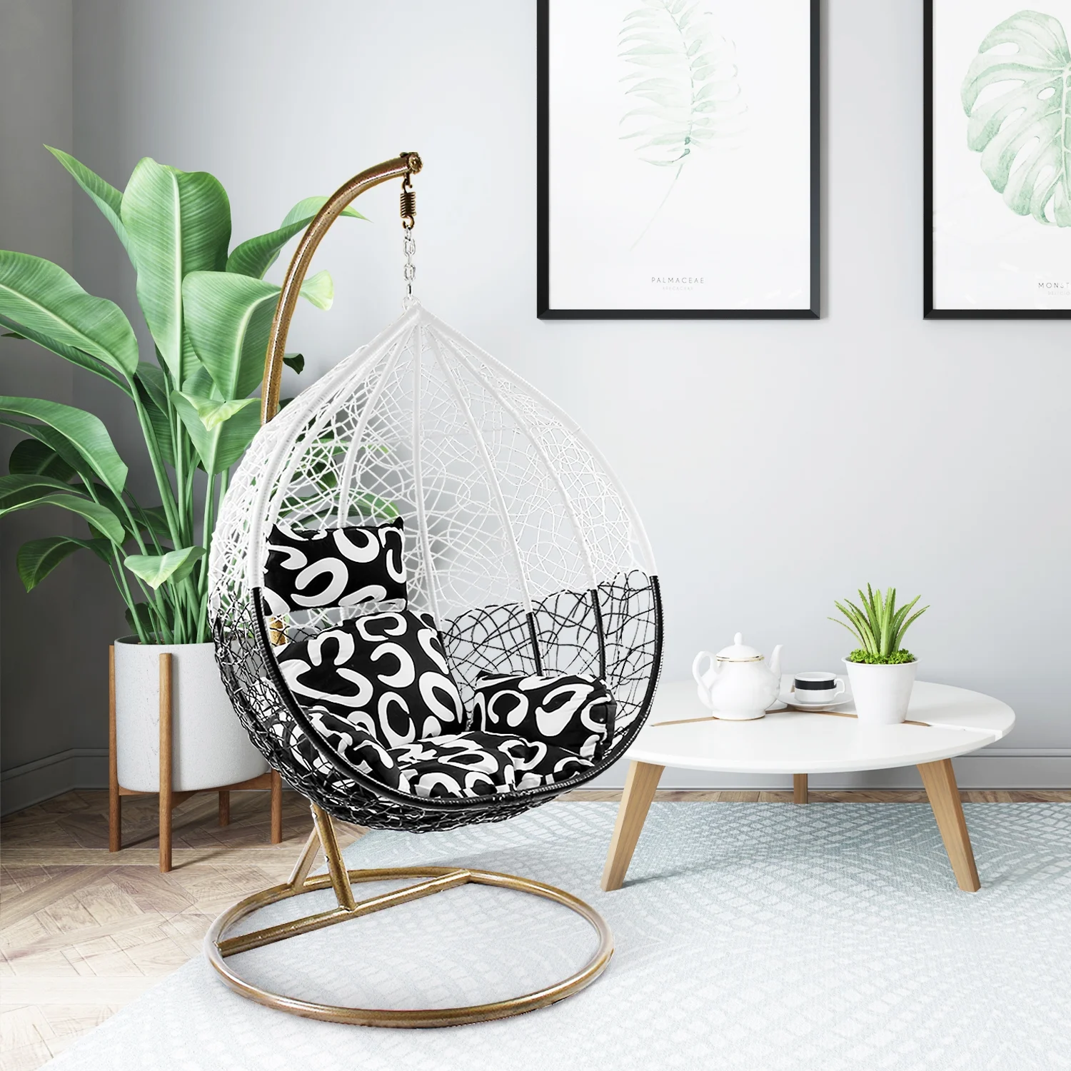 Wicker Rattan Hanging Swing Chair with White Metal Stand and Cushion