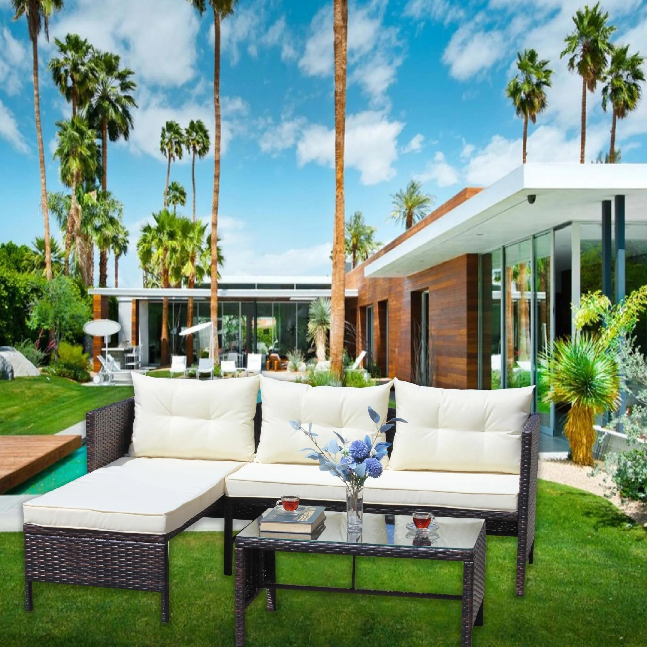 Patio Furniture Set 3 Pieces, Outdoor Sectional Rattan Patio Table and Chairs Set with Cushions and a Tempered Glass Patio Table, Patio Conversation Set with Sofa for Porch Balcony Lawn, Beige