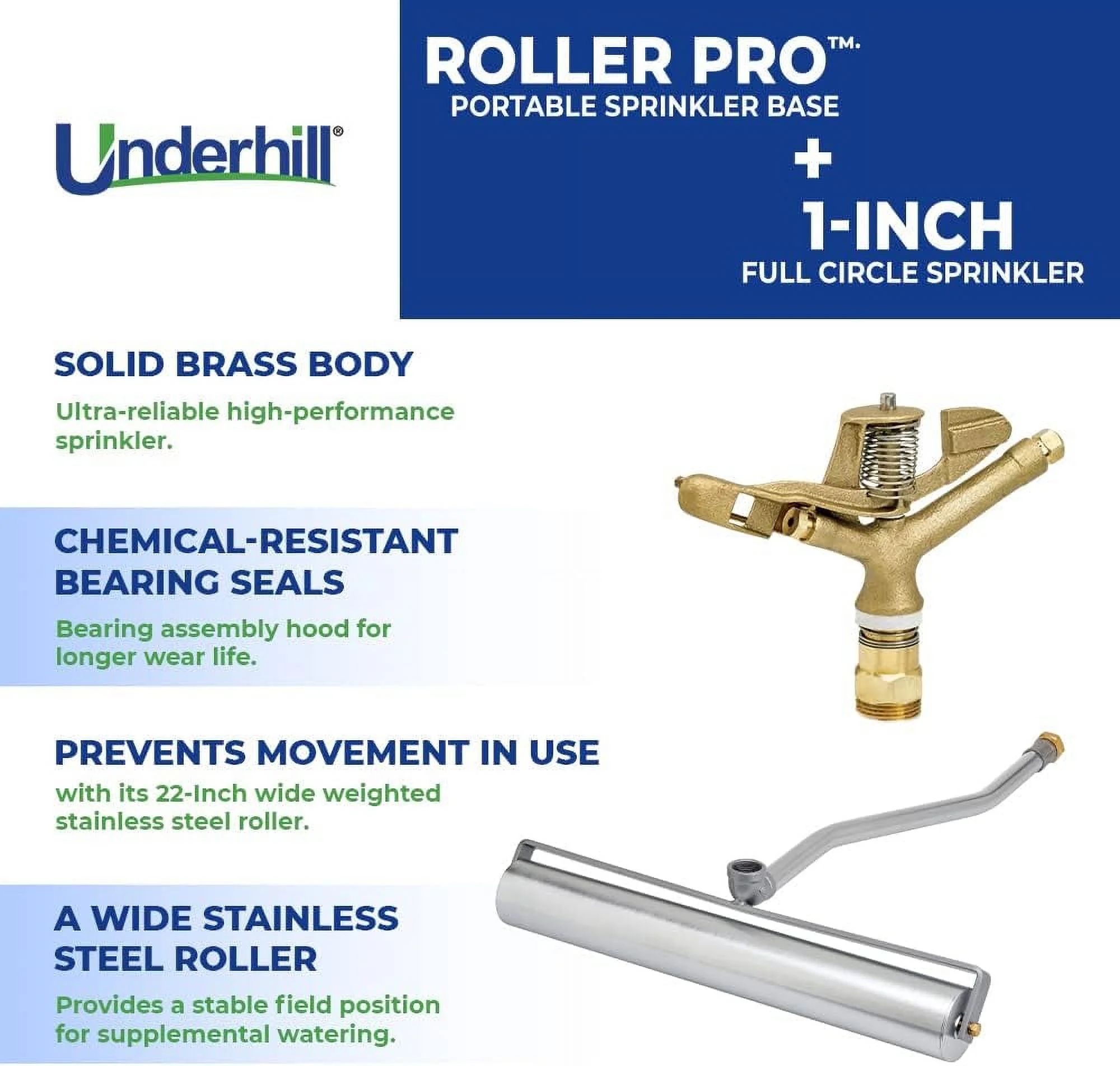 Rollerpro 22-Inch Portable Sprinkler System Base With 1-Inch Full Circle Brass Impact Sprinkler, 1-Inch FHT X 1-Inch FPT, Includes 3/4-Inch Hose Or Sprinkler Adapters, A-RP221-SI100F