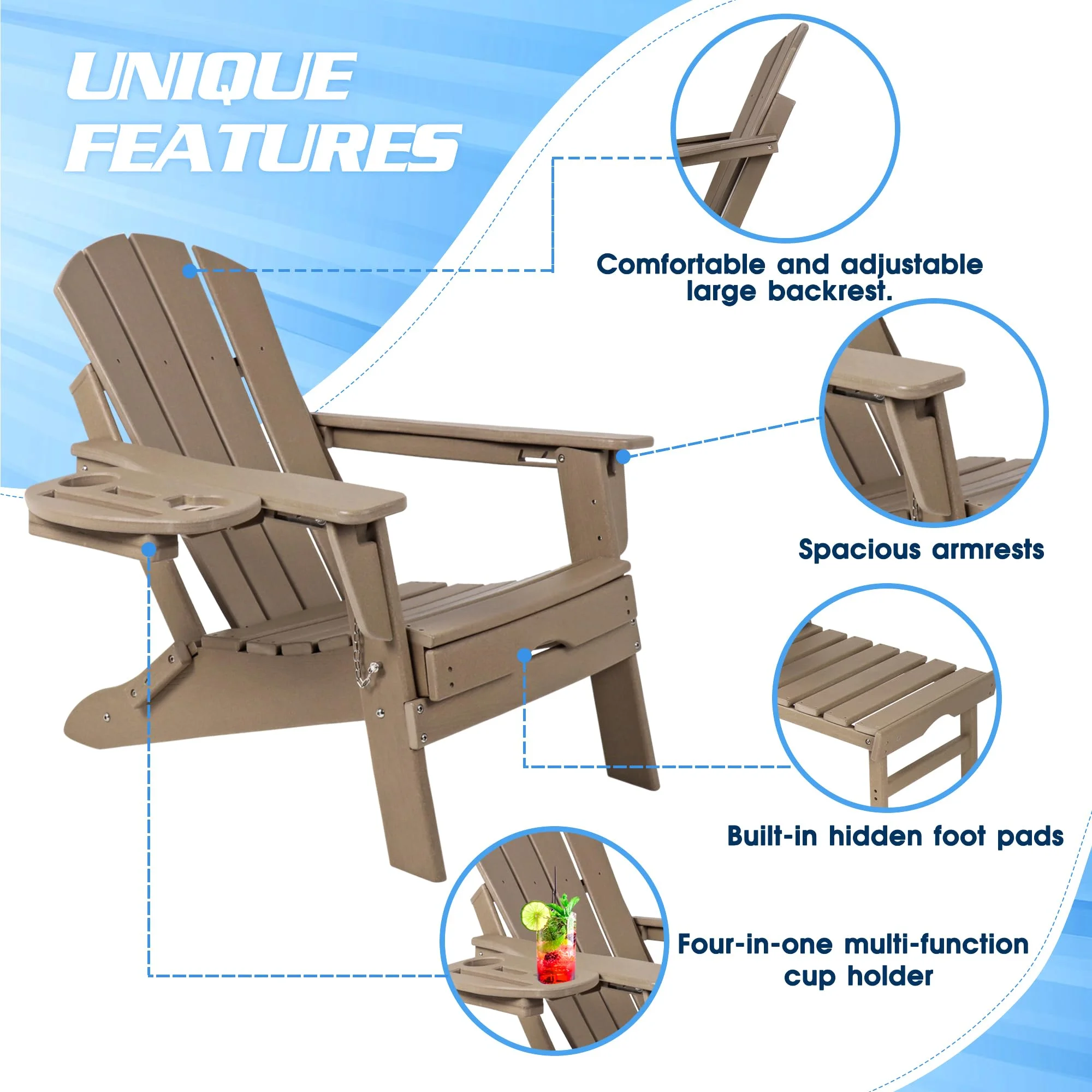 2PCS Folding Adirondack Chair with Retractable Ottoman, HDPE All-Weather Resistant Adjustable Backrest Adirondack Chair w/4 in 1 Cup Holder Trays, Wood Texture Brown